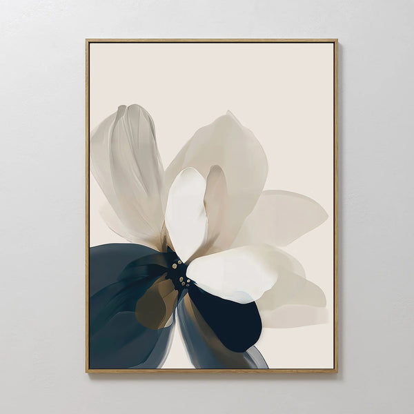 Elevate your bedroom decor with Whispering Petals Canvas Art - Vertical, featuring minimalist abstract flowers in cream, beige, and dark blue on a light background, beautifully framed with wood.