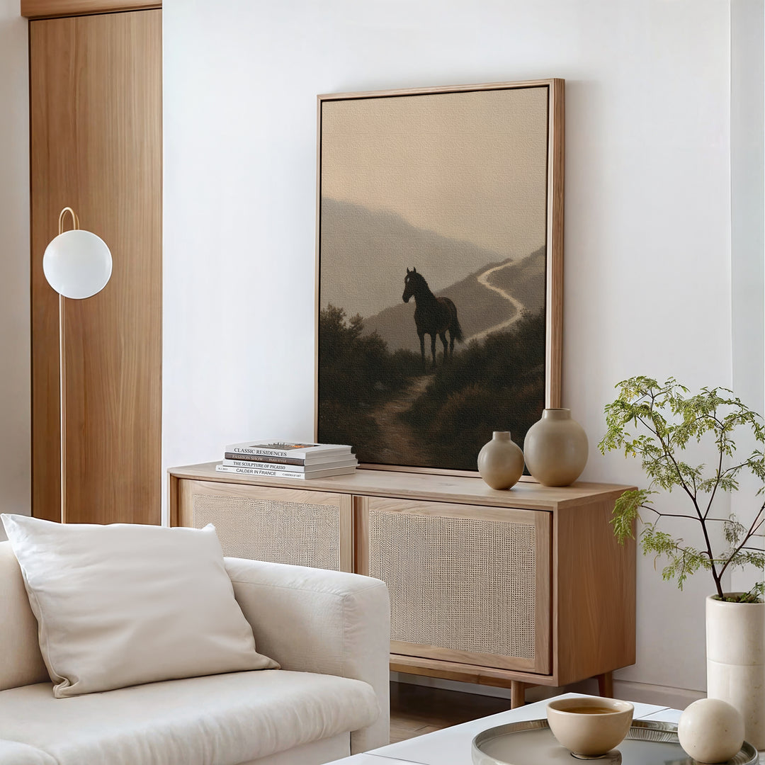 A minimalist living room featuring a light wood sideboard, neutral vases, stacked books, and the striking Winding Trail Canvas Art. A white sofa and potted plant complete the calm, modern decor for a serene atmosphere.