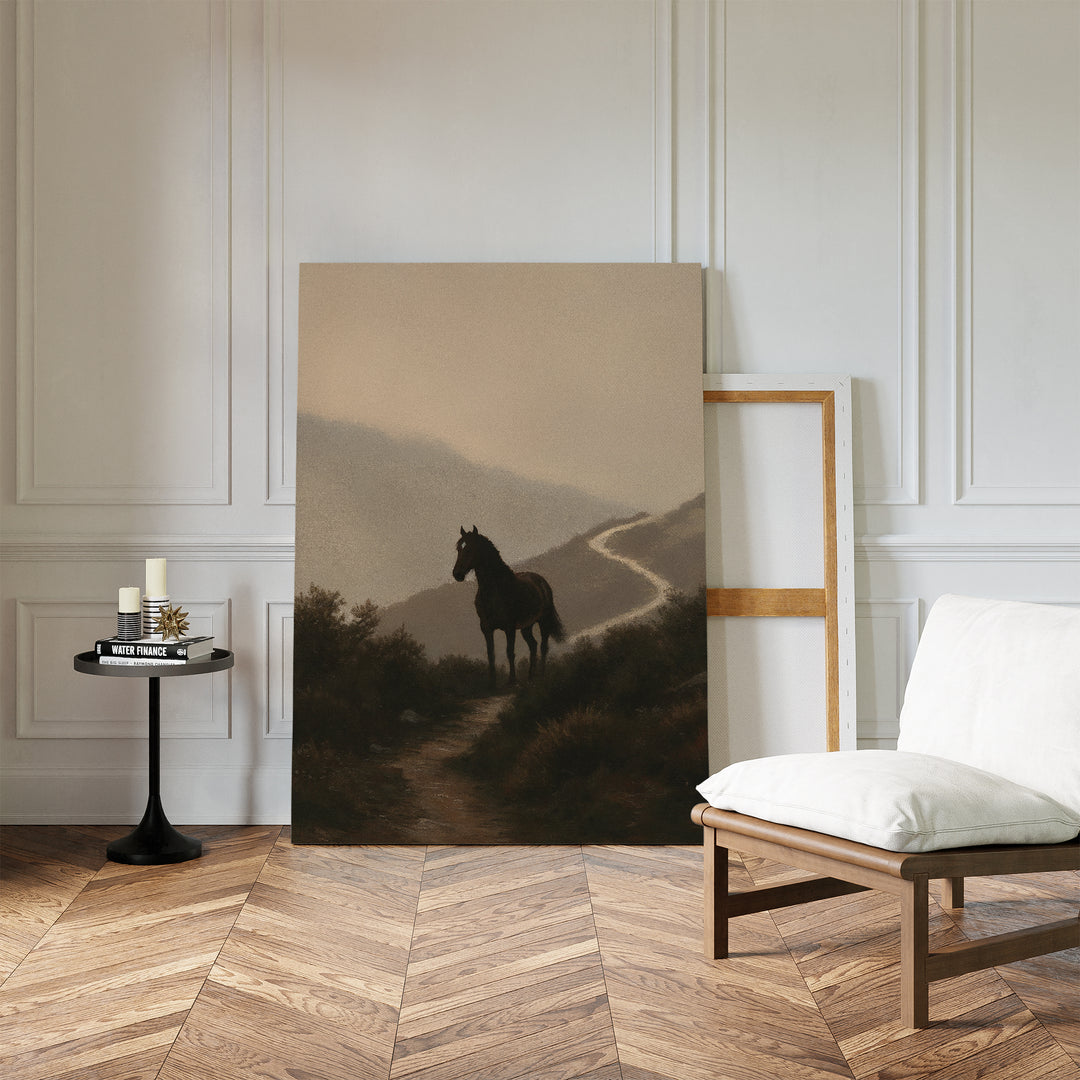 The Winding Trail Canvas Art, featuring a horse on a misty path, is displayed against a white paneled wall in a chic room with herringbone wood floors, a cushioned chair, and a small round table with candles.