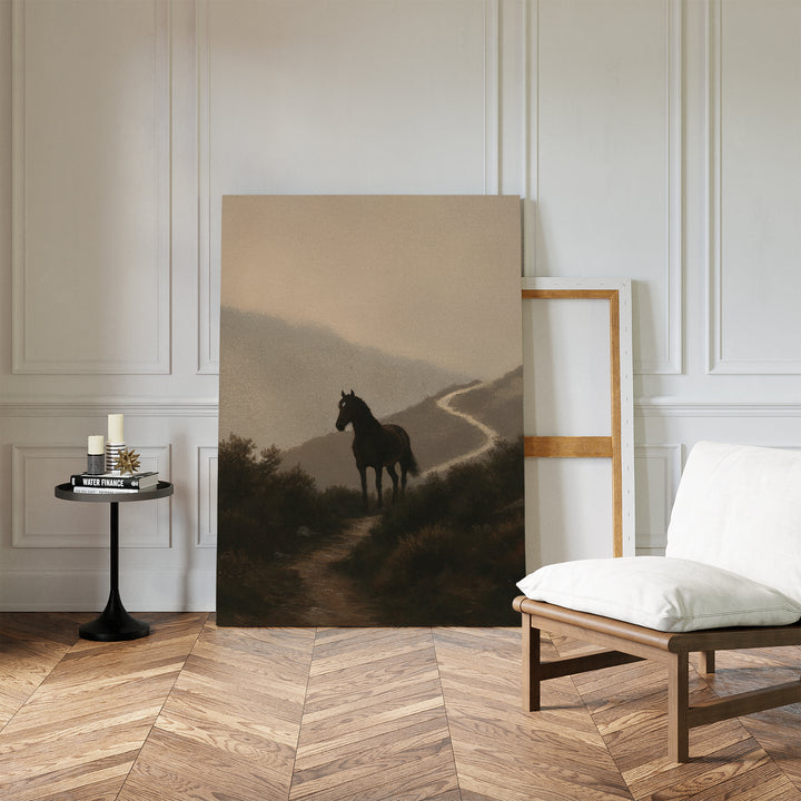 The Winding Trail Canvas Art, featuring a horse on a misty path, is displayed against a white paneled wall in a chic room with herringbone wood floors, a cushioned chair, and a small round table with candles.