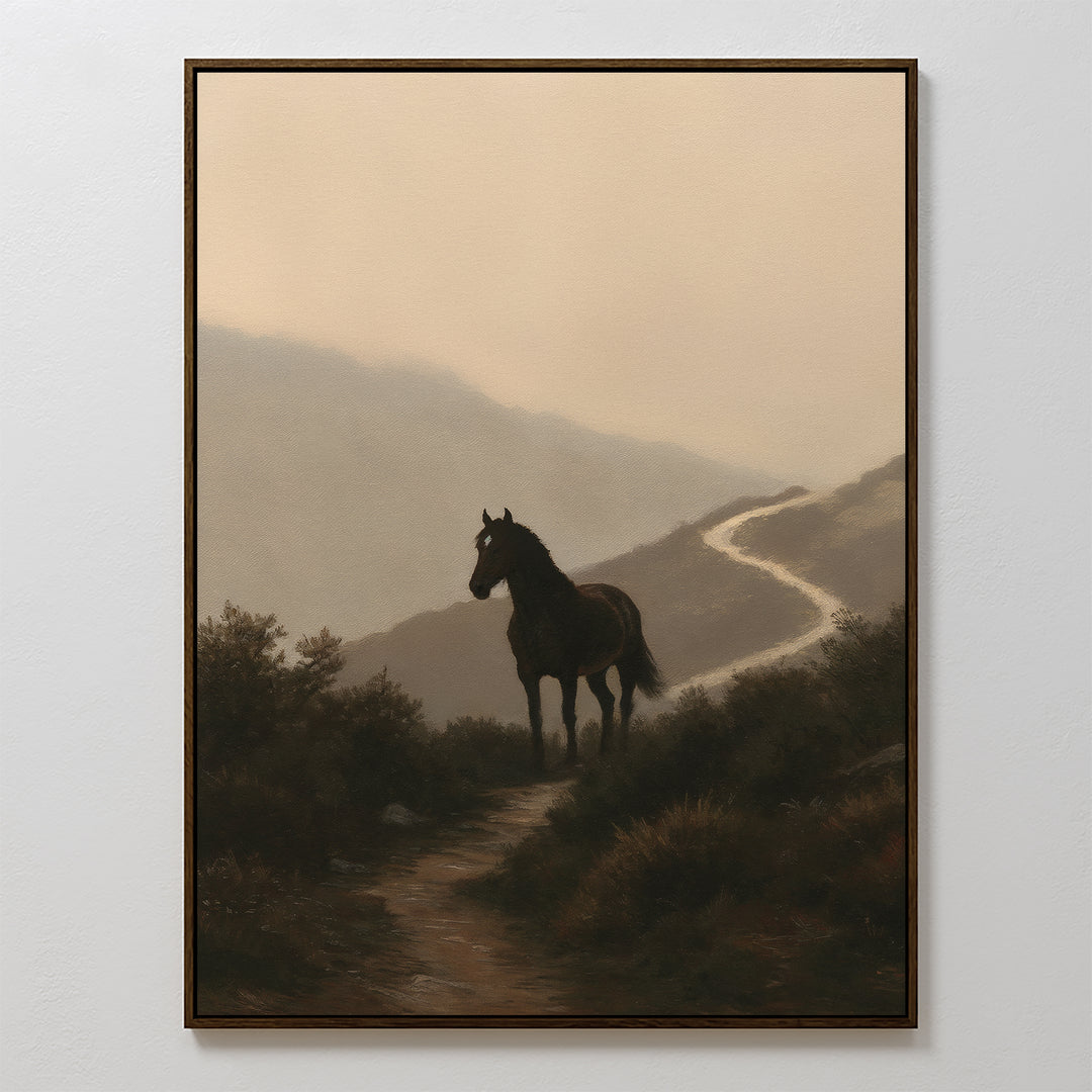 The Winding Trail Canvas Art features a horse on a winding path in a misty, mountainous landscape with muted earthy tones—an ideal framed piece for fans of atmospheric nature décor.