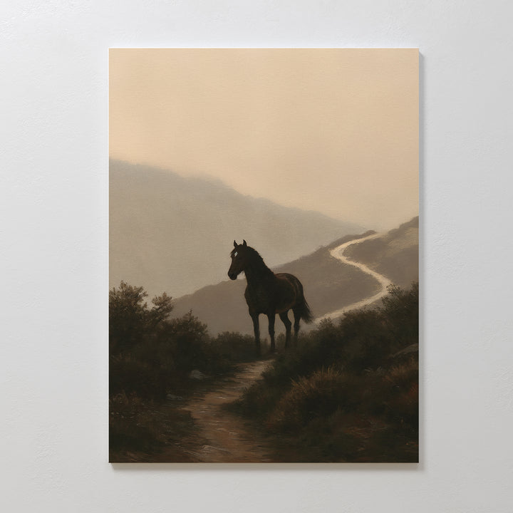 Winding Trail Canvas Art features a solitary horse on a winding dirt path in a misty, mountainous landscape—perfect for atmospheric nature or horse-themed wall decor.