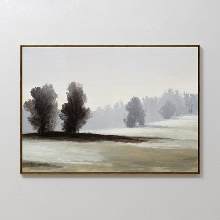 Winter Dusk Canvas Art: a framed painting of a serene winter landscape with leafless trees and snow-covered ground, set against a misty, muted background—an ideal piece of minimalist wall art for neutral decor.