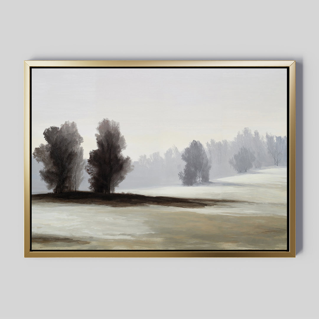 Winter Dusk Canvas Art features a serene misty landscape with dark trees and muted earth tones. A gold frame with a black inner edge enhances its minimalist style, making it an elegant choice for neutral wall decor.