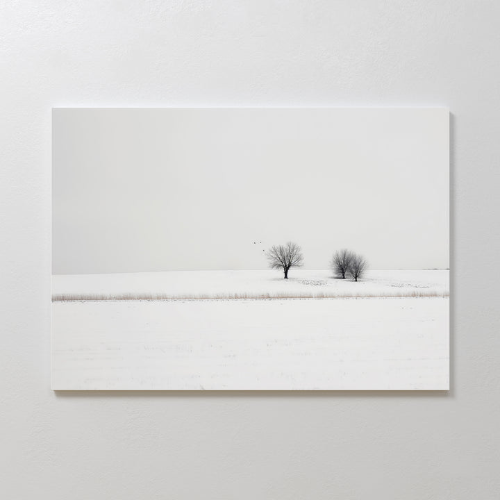 Winter Silence Canvas Art features a minimalist snow-covered landscape with two bare trees under a pale sky and three birds flying above—ideal for serene winter decor or elegant minimalist wall art.