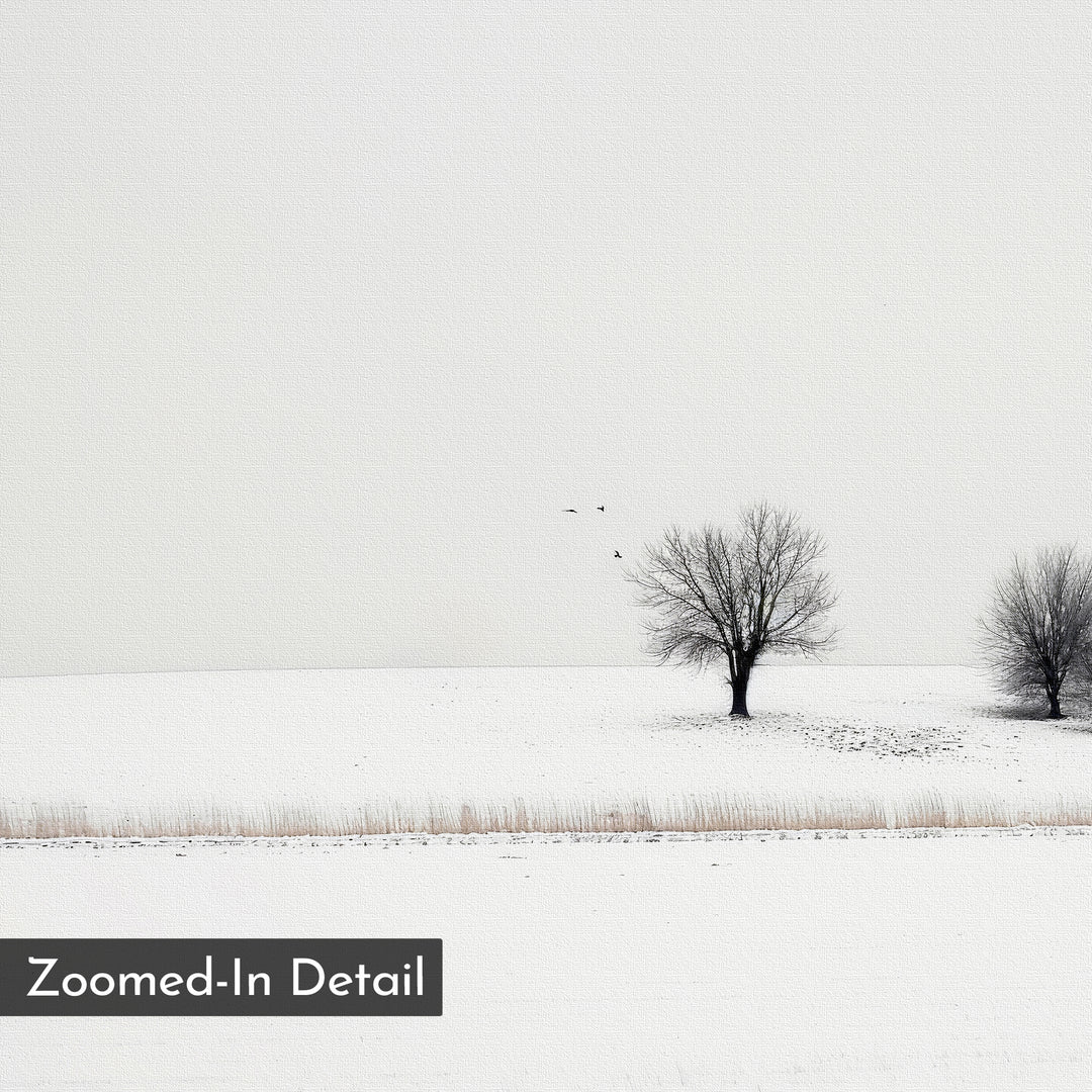 Winter Silence Canvas Art: A minimalist winter scene shows two bare trees on snow with four birds under a pale sky. “Zoomed-In Detail” text appears in the lower left, making it ideal for Nordic decor.