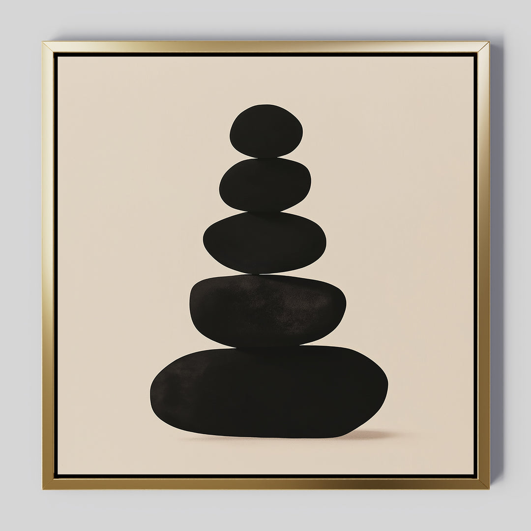 The Zen Balance Canvas Art features five black oval stones stacked on a beige background with a gold border, bringing balance and calm to your living room decor.