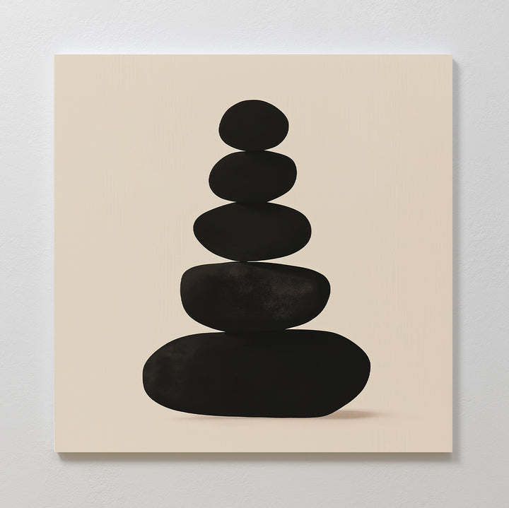 Zen Balance Canvas Art showcases five smooth black oval stones stacked on a light beige background, creating a minimalist and calming wall art piece—ideal for bringing serenity to your living room decor.
