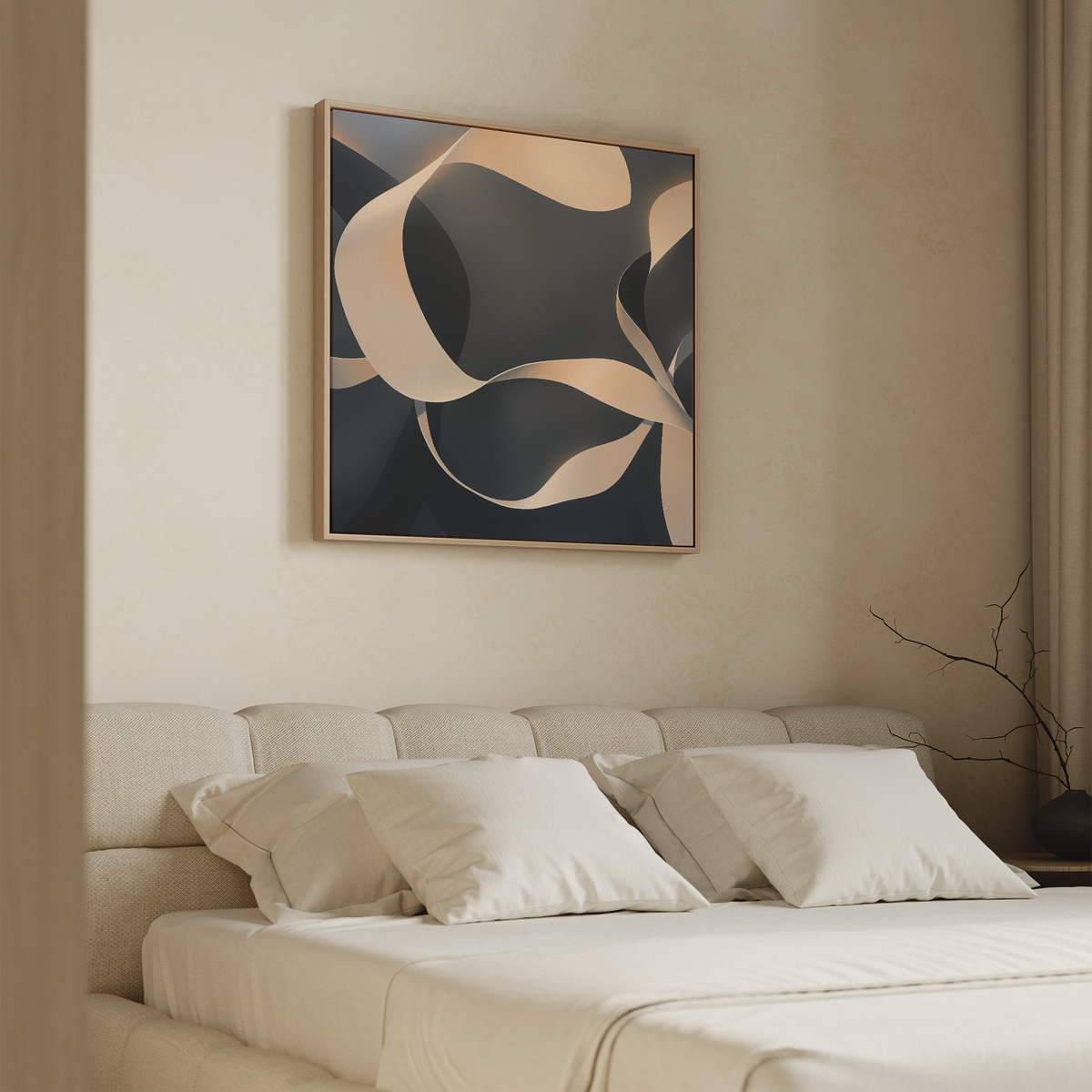 A modern bedroom features a beige bed, white pillows, and the Quiet Division Abstract Canvas Art in blue, black, and beige above the headboard. A minimalist branch on the bedside table enhances the room’s modern elegance.