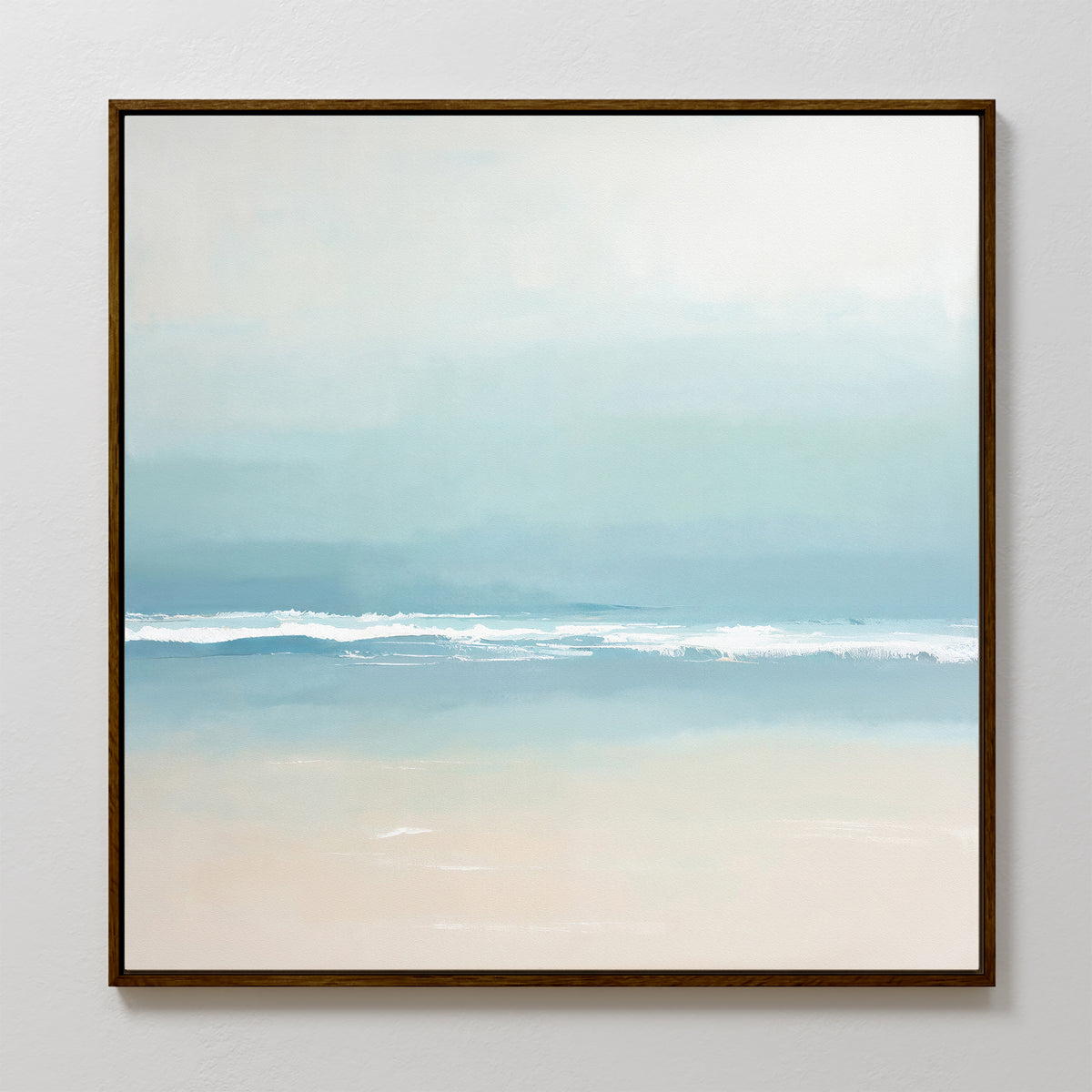 The Airy Shore Canvas Art - Square features a minimalist Nordic design with soft blue and white tones, gentle waves, and a sandy shore under a hazy sky—perfect for creating serene seaside decor.