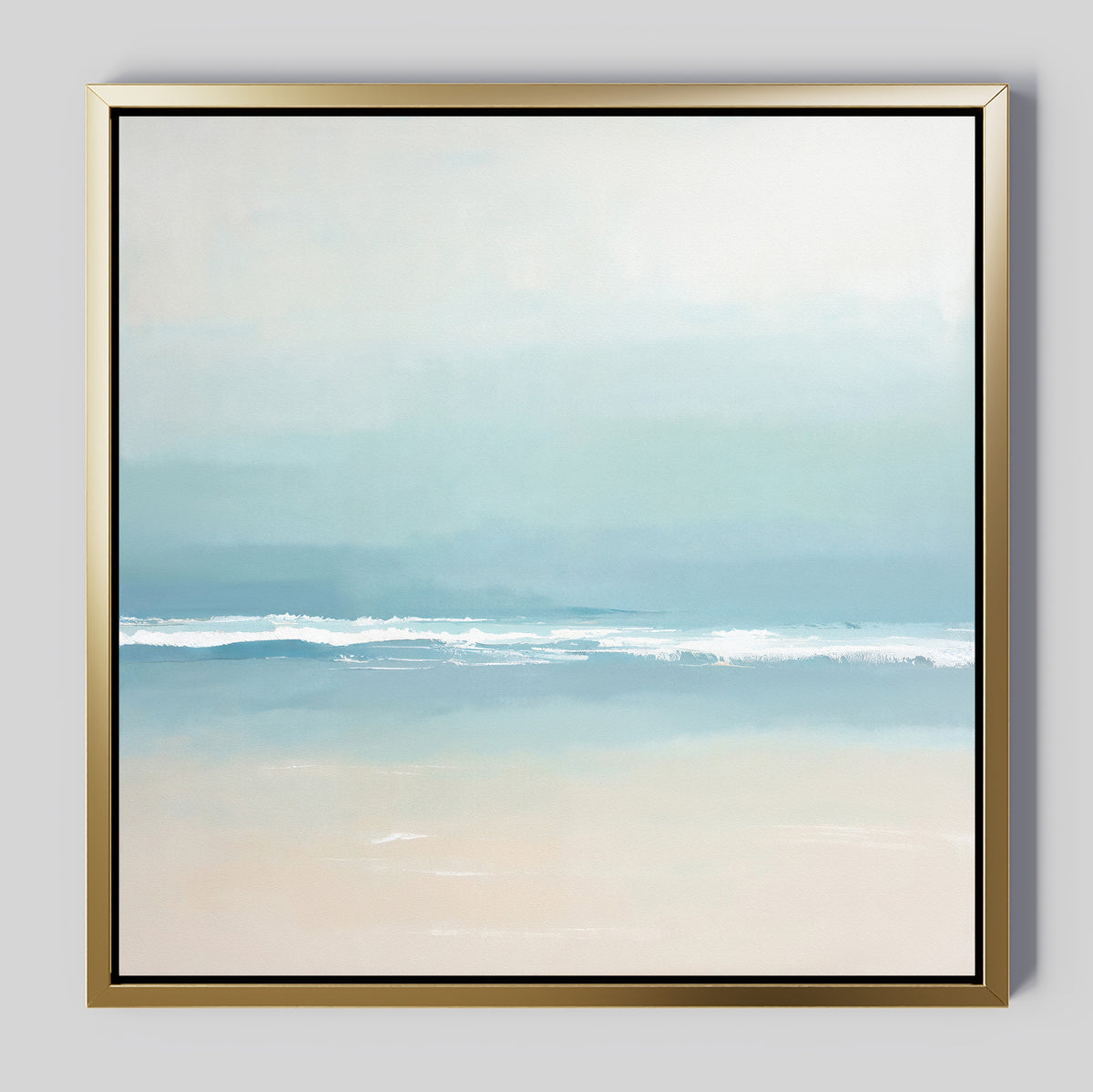 The Airy Shore Canvas Art - Square is a minimalist coastal print depicting a serene seascape with gentle waves and soft blue, white, and beige hues, elegantly framed in a slim metallic gold frame.