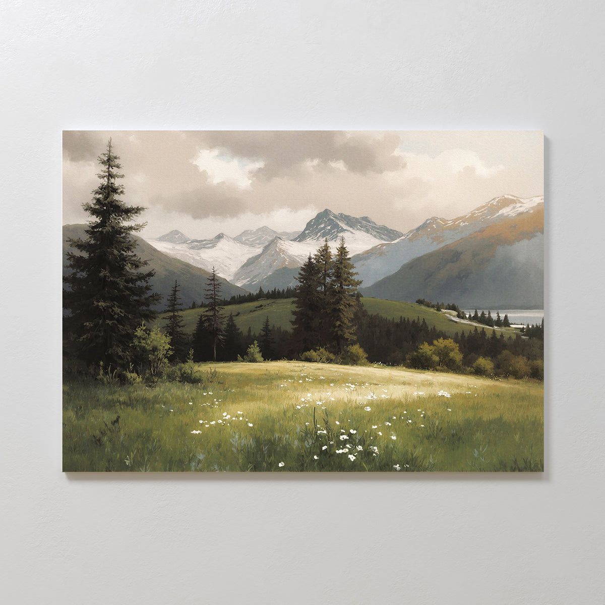 The Alpine Meadow Canvas Art - Horizontal showcases a scenic mountain landscape with wildflowers, evergreens, rolling hills, and snow-capped peaks under a cloudy sky.