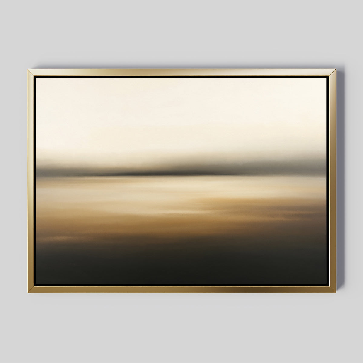 Amber Fields Canvas Art - Horizontal showcases a framed abstract painting with soft, blurred beige, brown, and amber tones, evoking a serene sunrise landscape on a light gray wall.