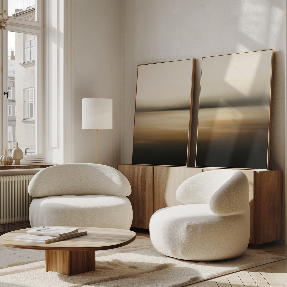A modern living room features two curved white armchairs, a low wooden coffee table, and the Amber Fields - Set Of 2 art prints leaning against the sideboard. Sunlight pours in through large windows, creating a bright and cozy atmosphere.