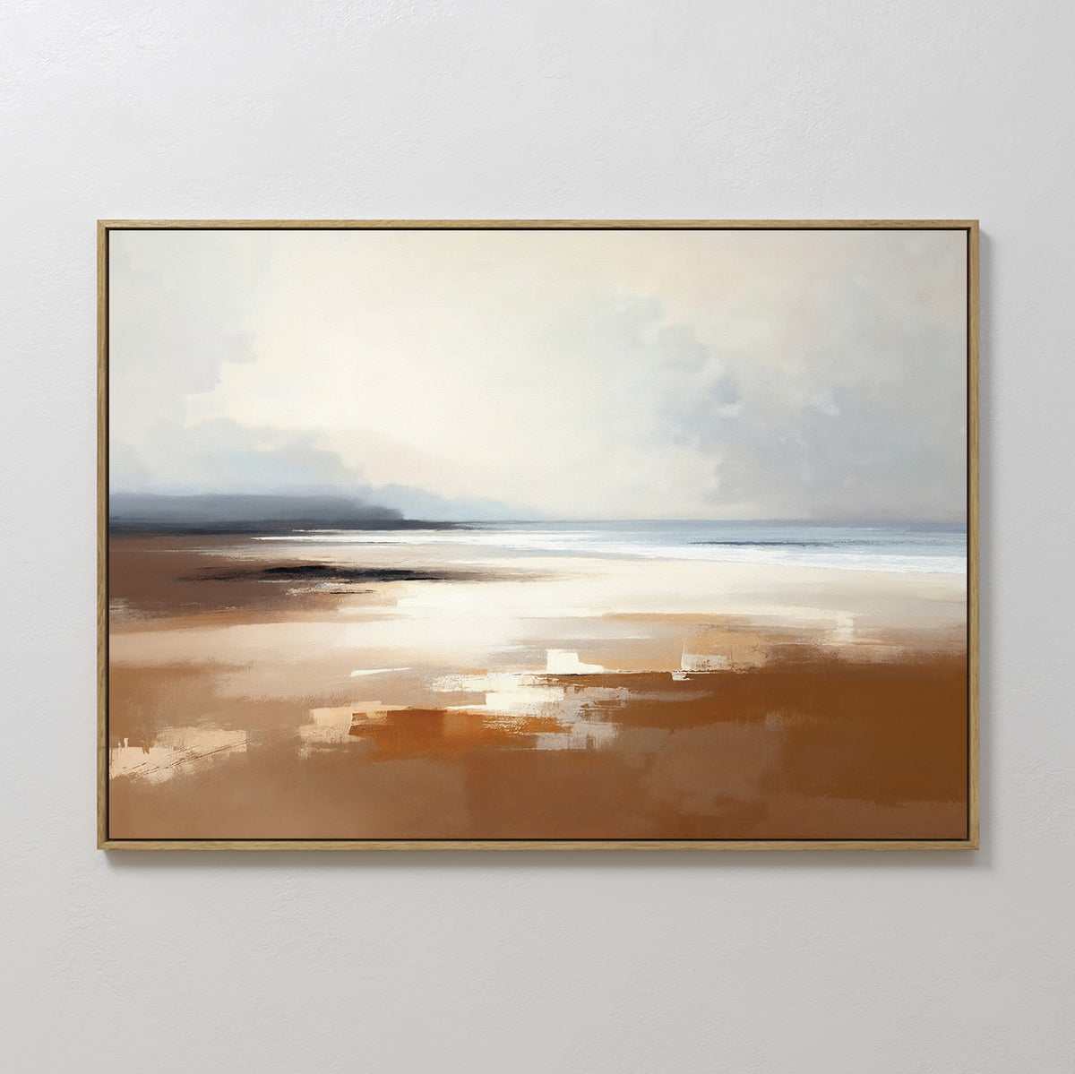 The Amber Shore Canvas Art - Horizontal features tranquil beach wall art in soft brown, white, blue, and beige tones, depicting a sandy shore and ocean beneath a cloudy sky for a serene decor accent.
