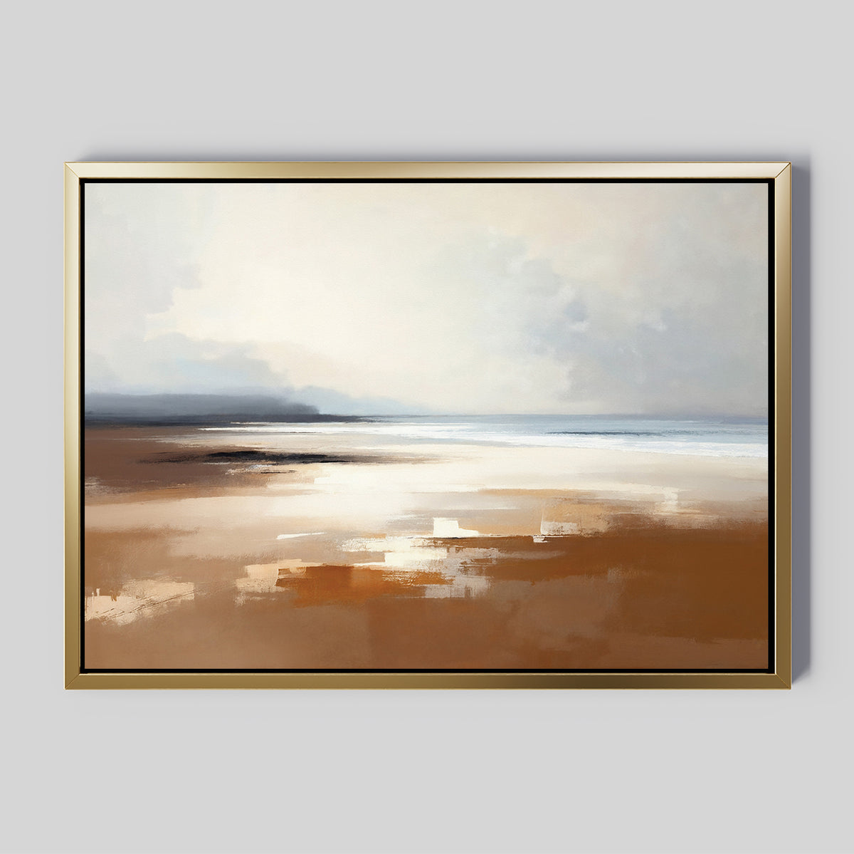 Amber Shore Canvas Art - Horizontal: A framed abstract painting of a serene beach, with soft brown, beige, and white hues evoking sand, sea, and a cloudy sky. Gentle light reflects on wet sand for added tranquility.