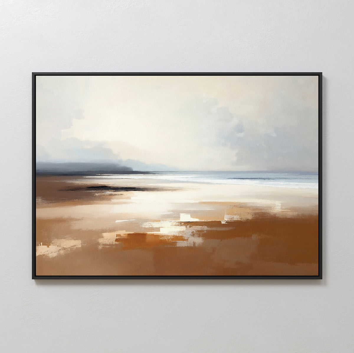 Amber Shore Canvas Art - Horizontal: This framed abstract features soft brown, white, and blue tones in blurred beachy lines, evoking sand, water, and sky for a calm atmosphere—ideal for Nordic Park-inspired spaces.