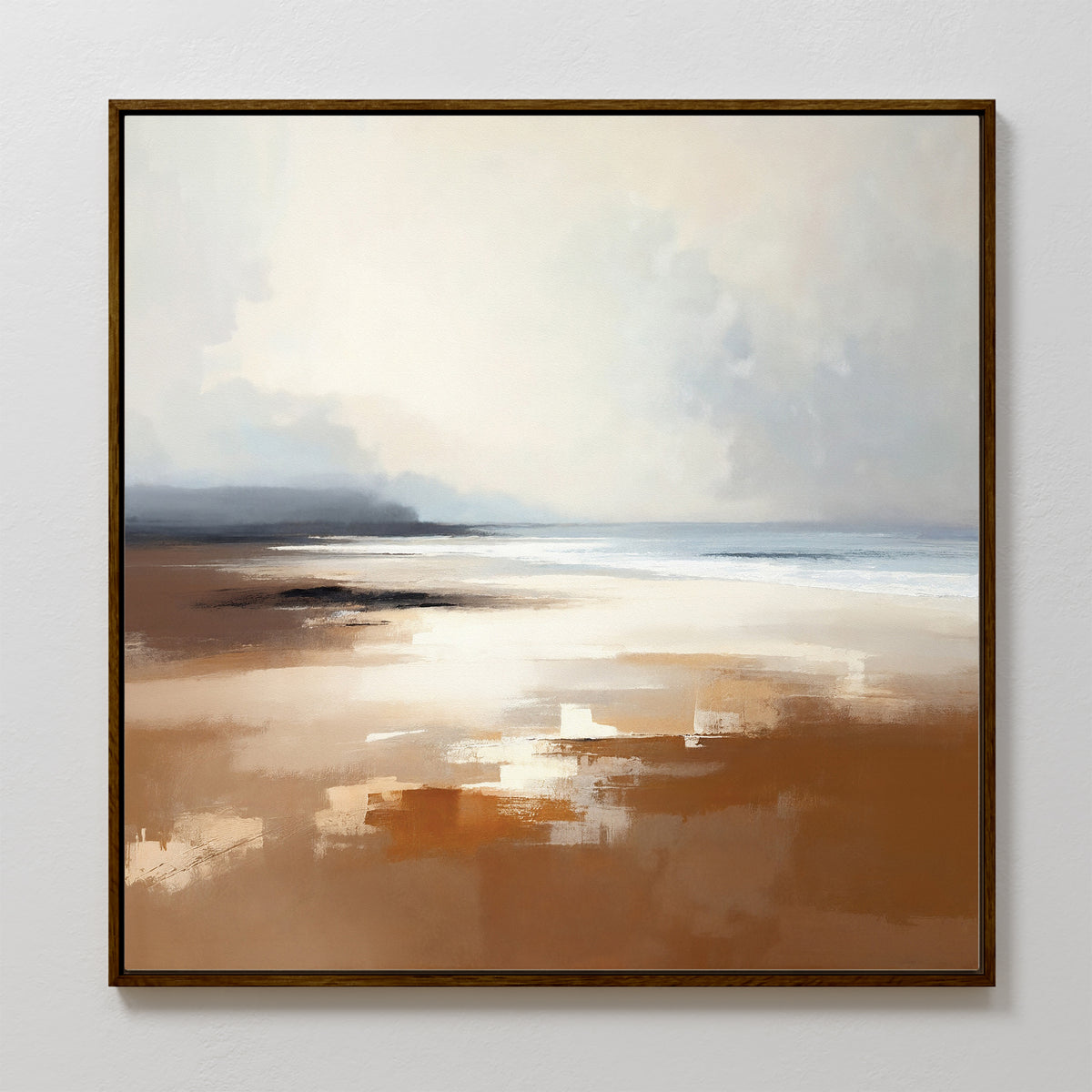 Amber Shore Canvas Art - Square features a tranquil Nordic Park beach scene with muted tones and impressionistic brushstrokes, perfect for bringing a calm, peaceful atmosphere to your space.