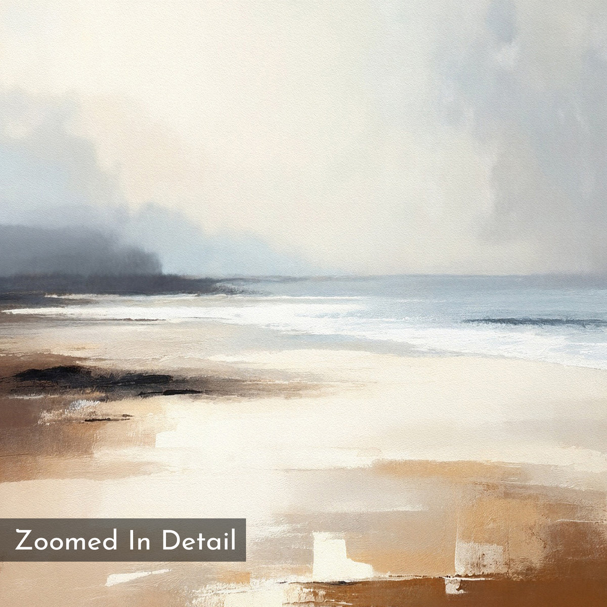 Amber Shore Canvas Art - Vertical: An impressionist beach scene with soft, muted tones, cloudy sky, gentle waves, and sandy shore. “Zoomed In Detail” appears at the bottom left—a tranquil piece for your wall.