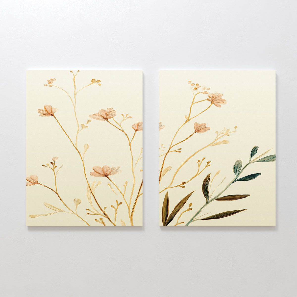 The Autumn Botanicals - Set of 2 features two canvas panels with minimalist beige, light brown, and green floral illustrations on a light cream background, exuding botanical elegance in any space.
