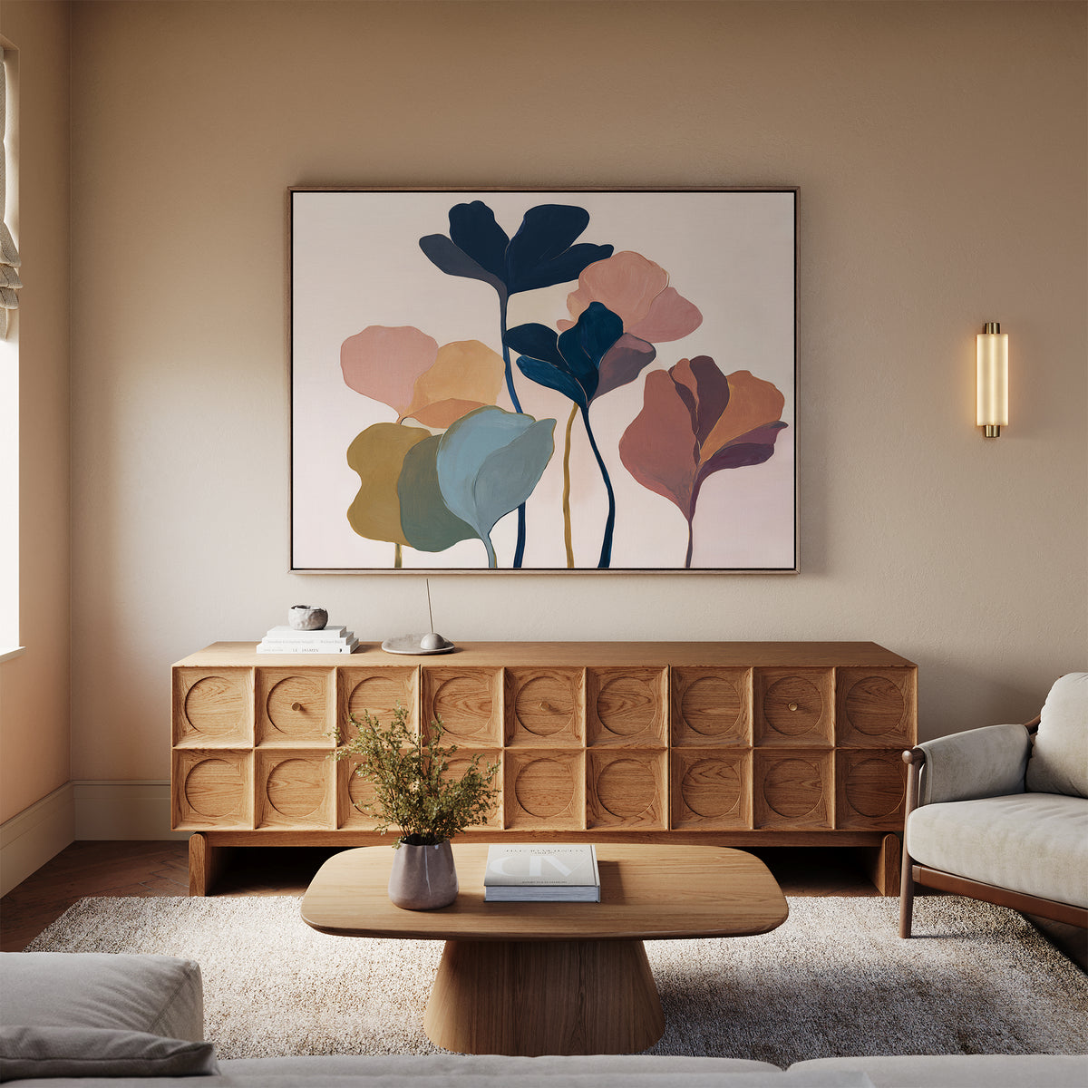 A modern living room with a wooden sideboard, coffee table, light sofa, floral vase, and the Autumn Garden Canvas Art - Horizontal as striking modern wall art above the sideboard.
