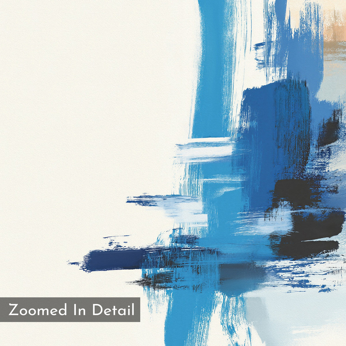 The Azure Convergence Canvas Art - Horizontal features bold blue, black, and white brushstrokes on a light background. Its layered texture and modern vibe make it a striking contemporary abstract print for any wall. “Zoomed In Detail” appears in the bottom left corner.