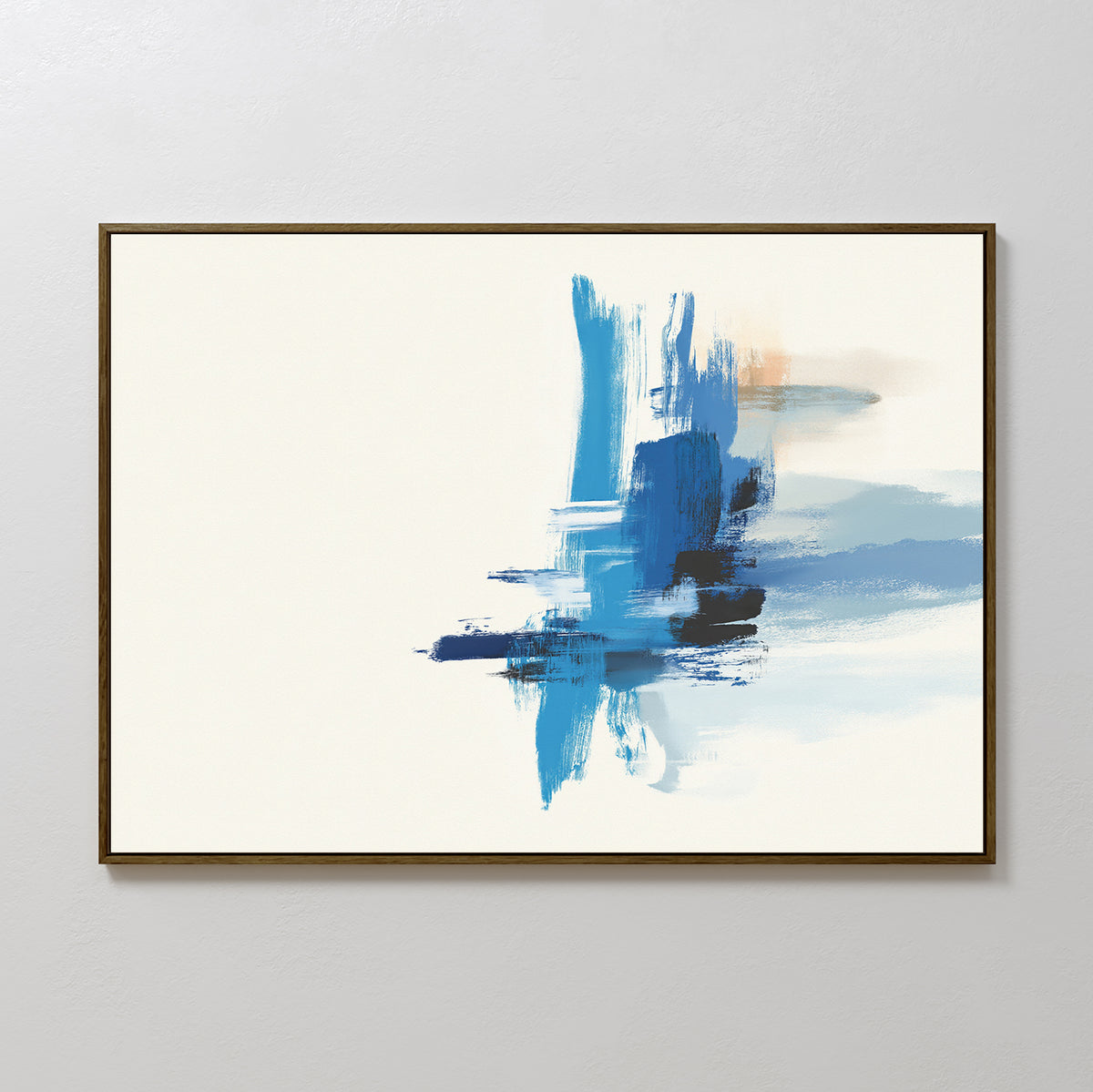 Azure Convergence Canvas Art - Horizontal features bold blue vertical and horizontal brushstrokes with black and orange accents on white, framed in dark wood and displayed on a light wall for a striking contemporary look.