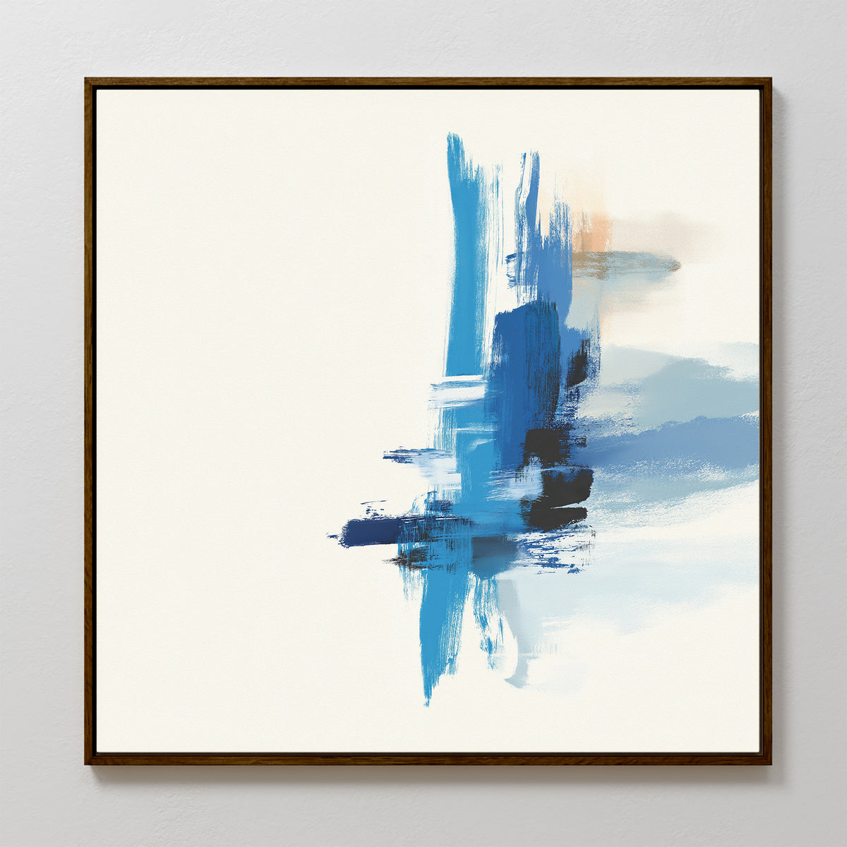 Azure Convergence Canvas Art - Square features bold blue and light blue brushstrokes on white, concentrated right. This contemporary abstract print comes framed in a slim dark frame and is displayed on a light-colored wall.