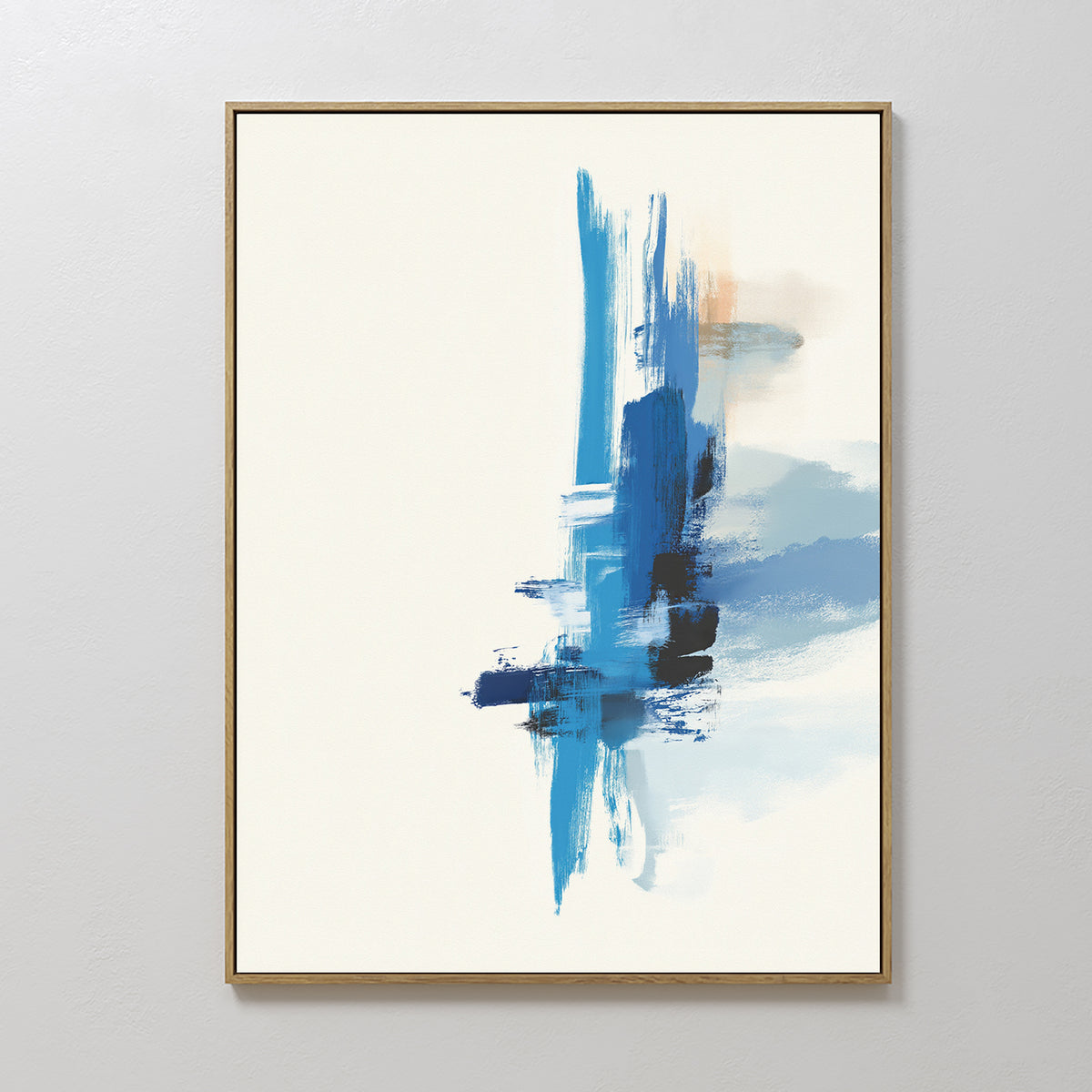 Azure Convergence Canvas Art - Vertical features bold blue vertical brushstrokes with black and light brown accents on white, set in a thin gold frame—perfect for adding modern style to any light-colored room.