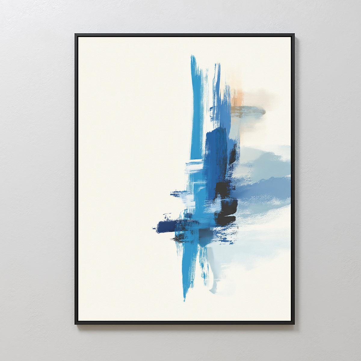 Azure Convergence Canvas Art - Vertical features minimalist, modern brushstrokes in blue, navy, and beige on white. The abstract print is framed in black with center-focused streaks that fade outward for a contemporary look.