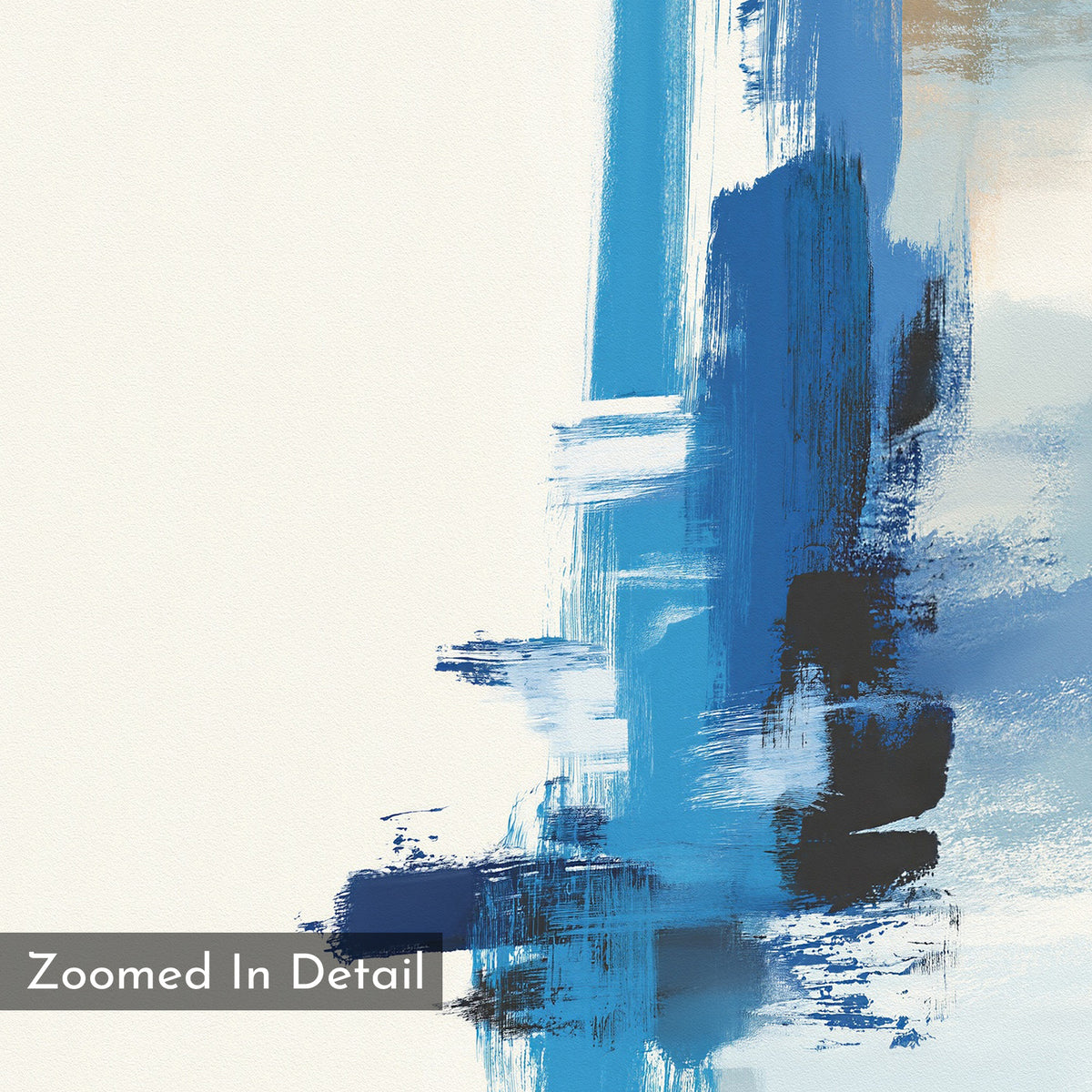 The Azure Convergence Canvas Art - Vertical features bold, layered blue and white brushstrokes on a light backdrop, creating a textured, modern abstract pattern. "Zoomed In Detail" appears in the bottom left corner.