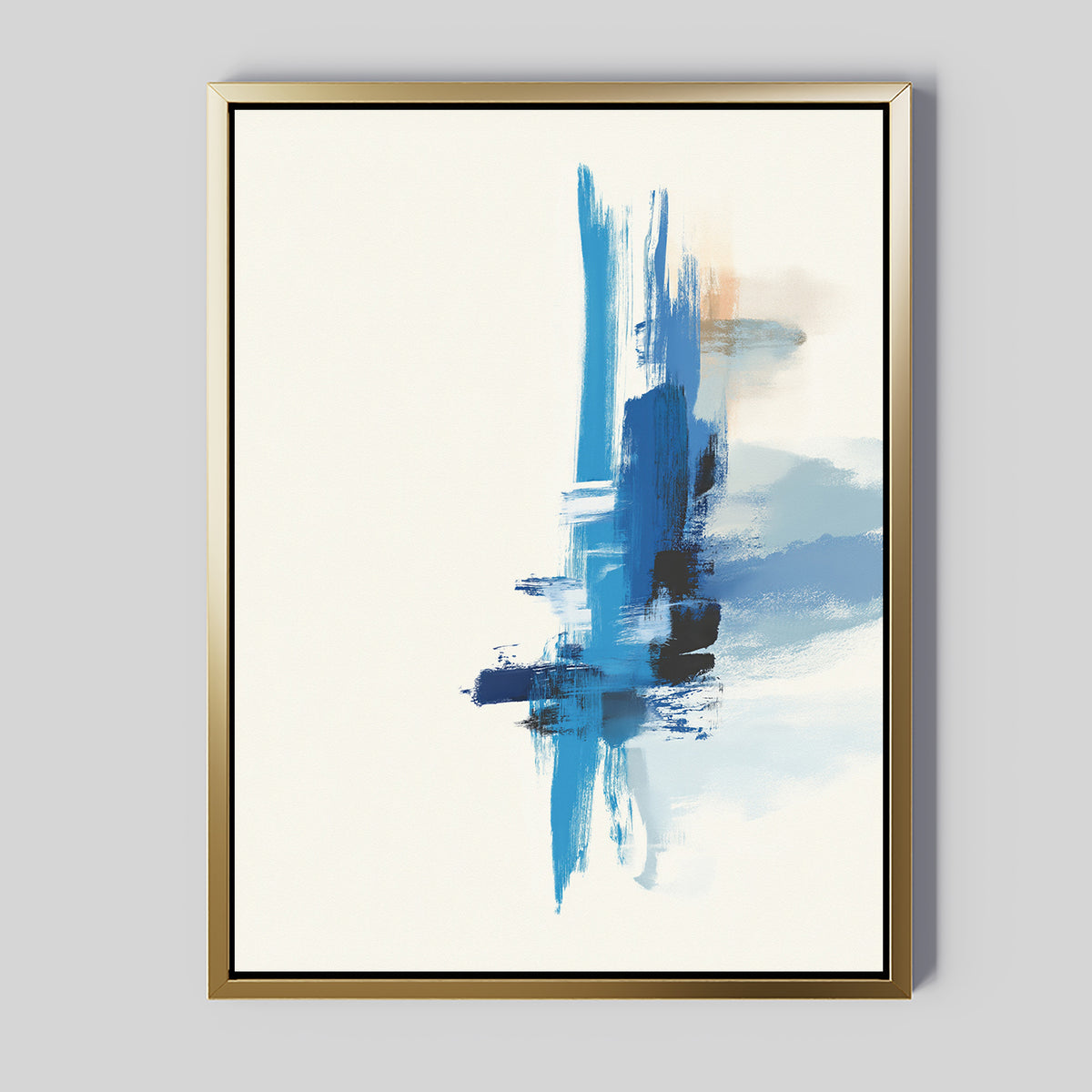 The Azure Convergence Canvas Art - Vertical features bold blue brushstrokes with black and taupe accents on white, set in a thin gold frame and displayed against a light gray wall for a minimalist contemporary look.