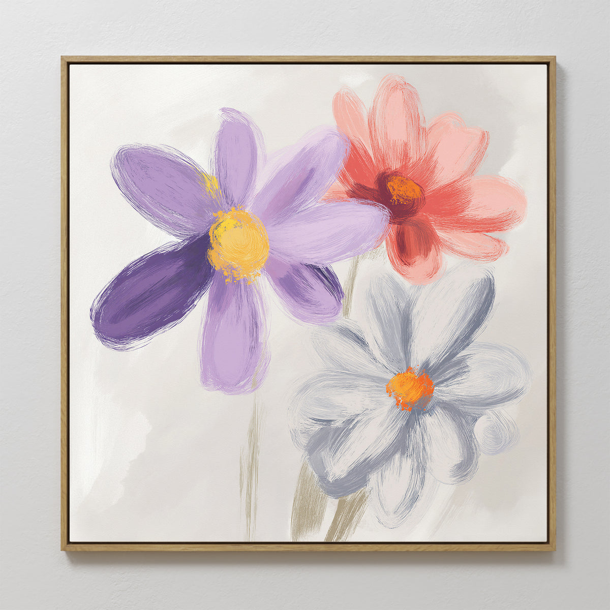 The Blooming Harmony Canvas Art - Square is a framed wall piece with three flowers—purple, red, and pale blue—each boasting vibrant centers on a light neutral background. Ideal botanical decor to brighten any space.