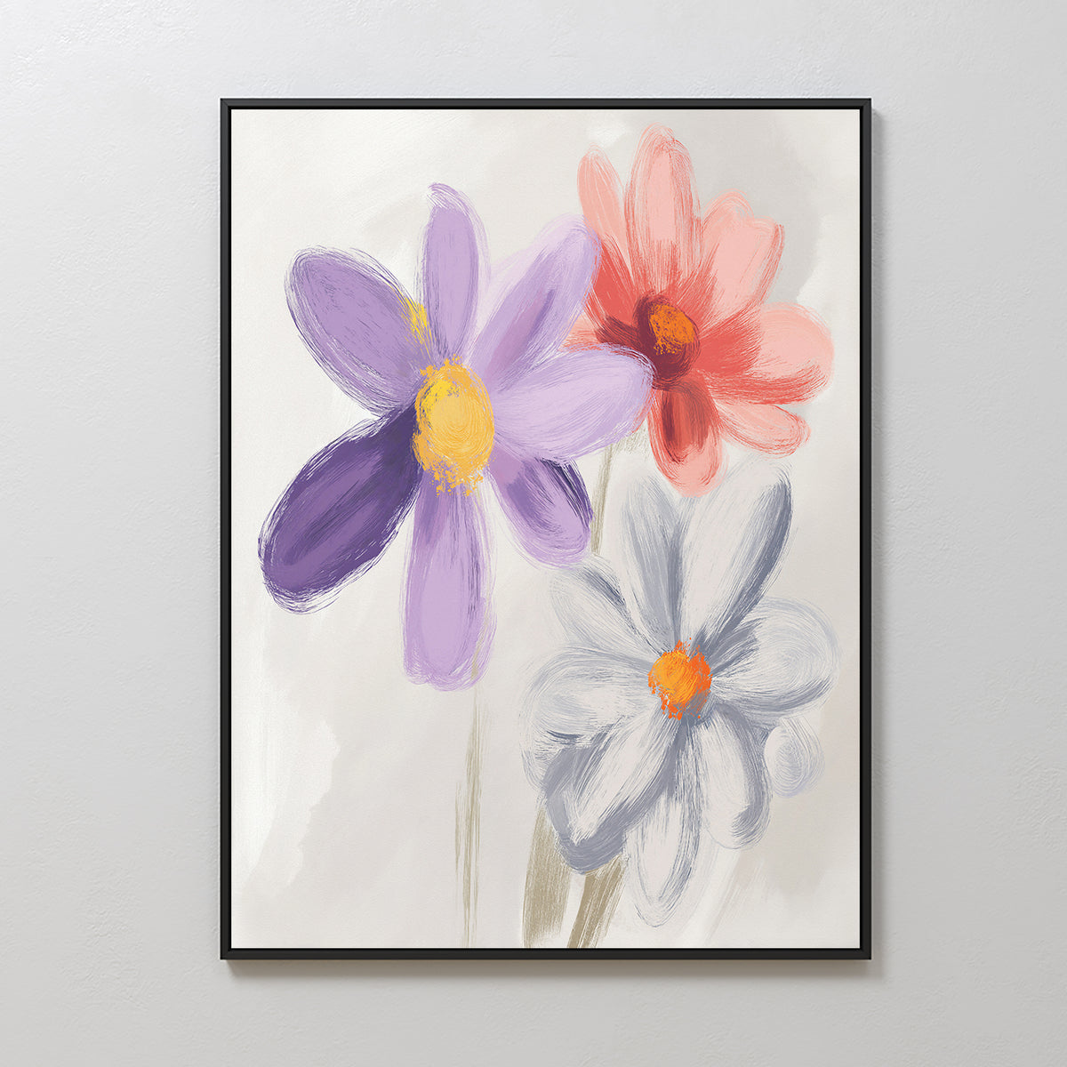 The Blooming Harmony Canvas Art - Vertical features three large flowers in purple, red, and white with vibrant yellow or orange centers on a light background—a bold botanical statement for your wall.