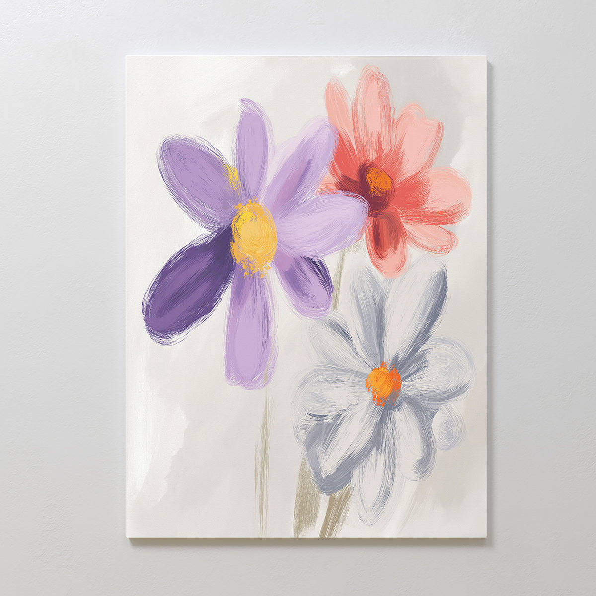 The Blooming Harmony Canvas Art - Vertical features three large, abstract flowers—purple, red, and light blue with yellow centers—on a neutral background, adding modern charm to any space.