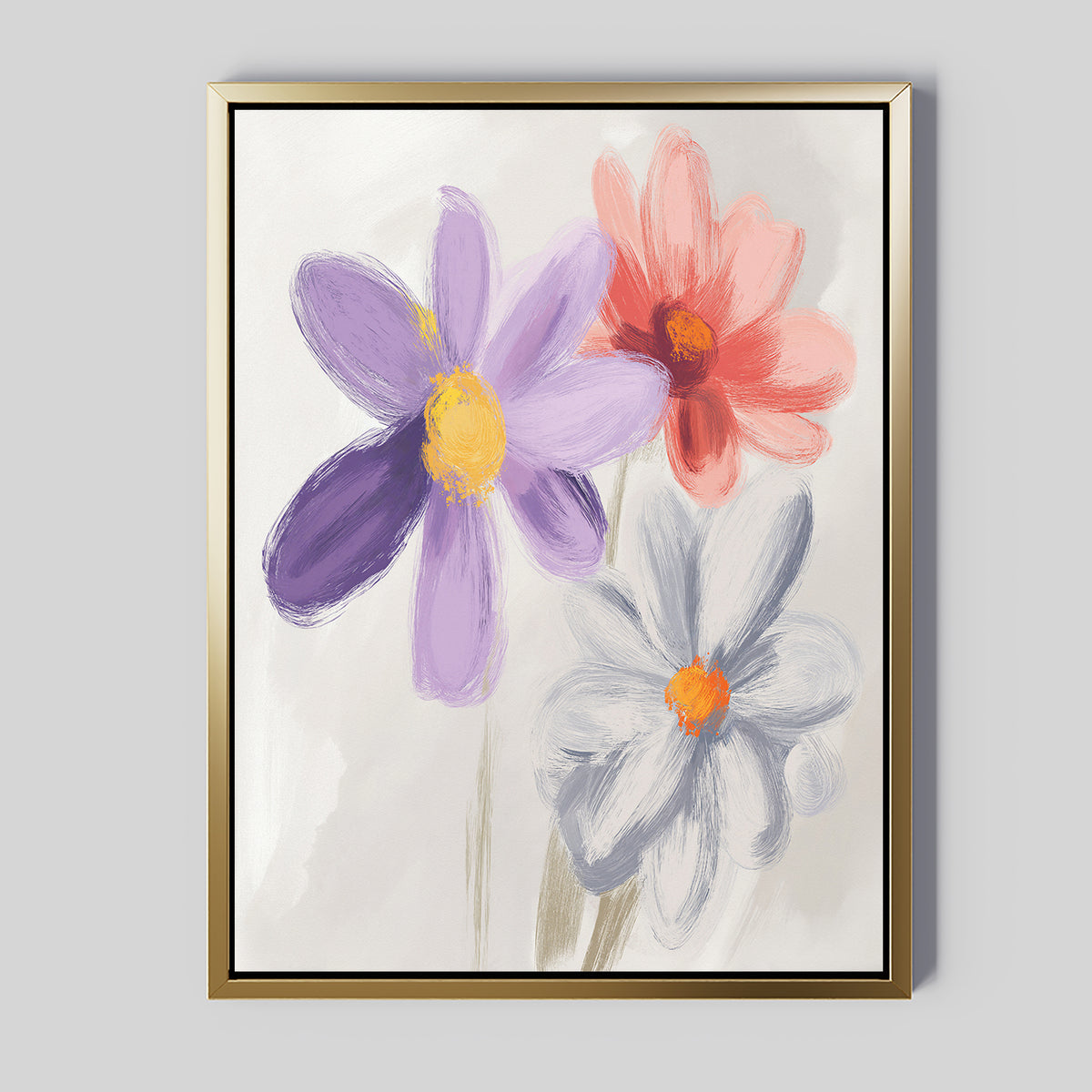 The Blooming Harmony Canvas Art - Vertical is a framed wall art piece displaying three abstract flowers—purple, pink, and white with blue accents and yellow centers—set against a light, neutral background.