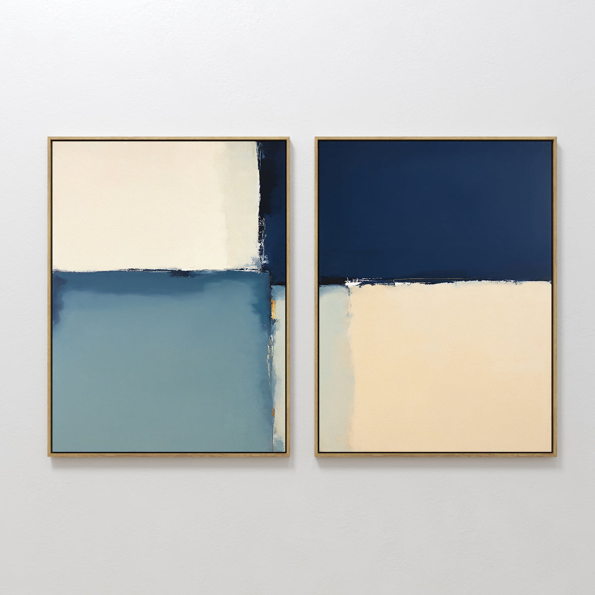 Blue Quarters - Set Of 2 features contemporary abstract prints with geometric color blocks in cream, blue, dark blue, and beige, framed and displayed side by side—ideal for adding modern style to your living room.