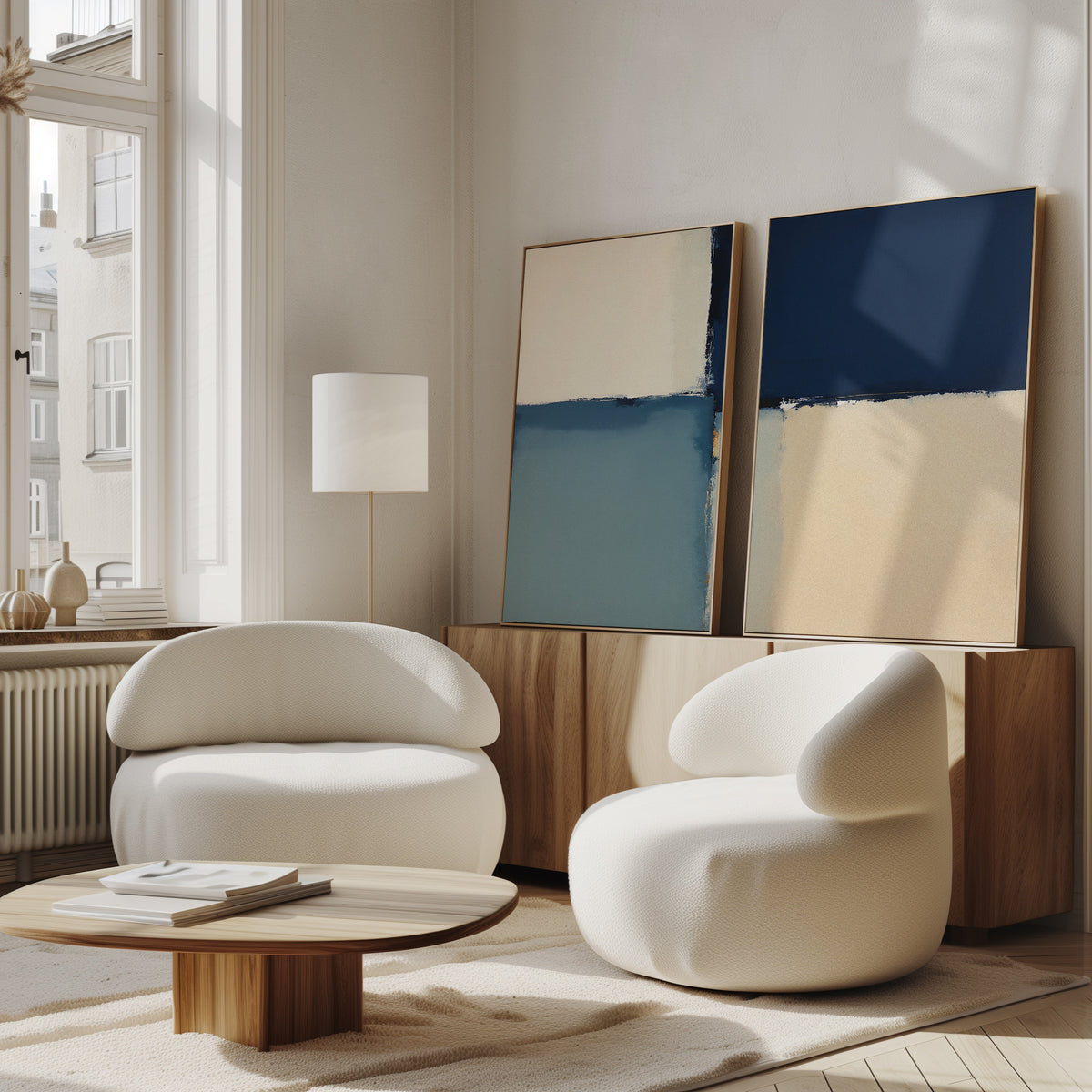 A modern living room with two white, rounded armchairs, a wooden coffee table, neutral decor, and the Blue Quarters - Set Of 2 geometric paintings on a wooden cabinet near a large window with natural light.