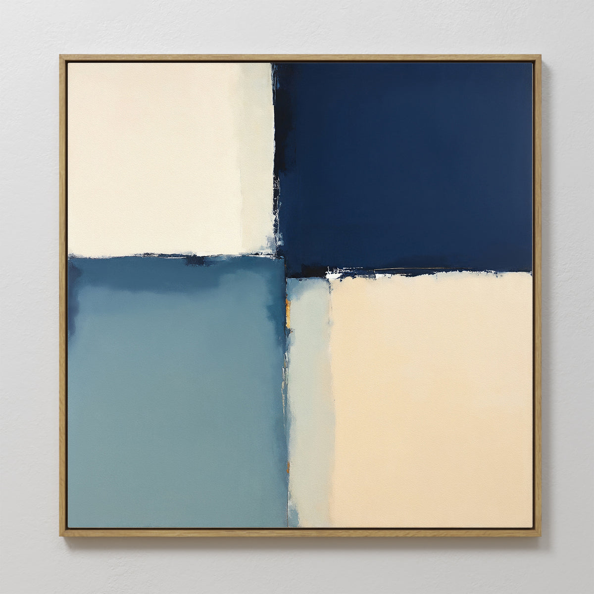 Blue Quarters Canvas Art - Square showcases a contemporary abstract design with four uneven sections in dark blue, light cream, and soft blue—perfect for adding modern style to your living room.