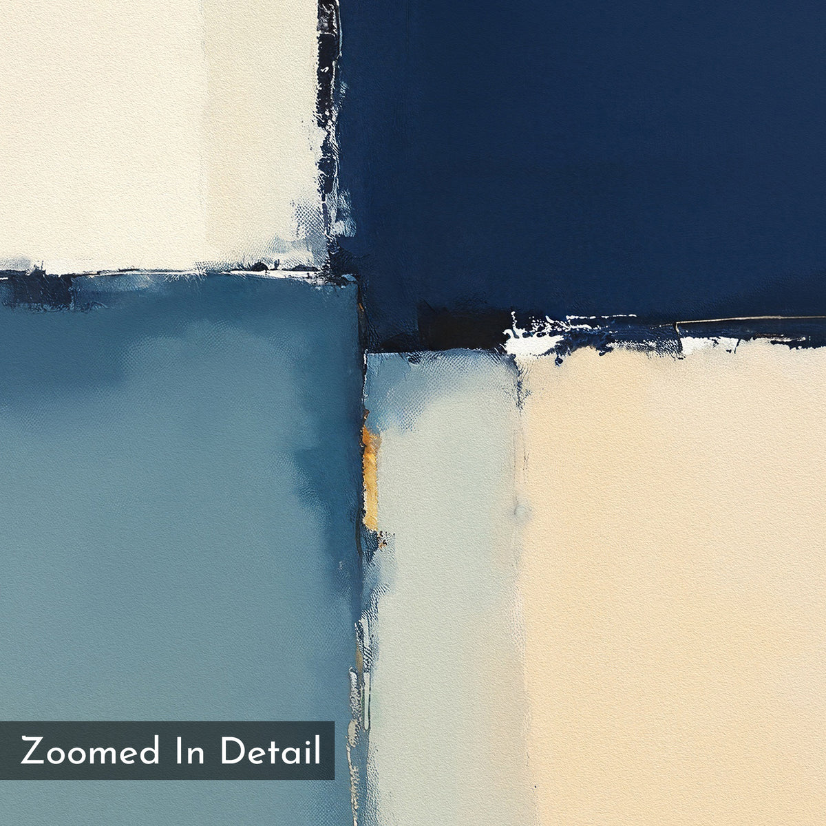 Blue Quarters Canvas Art - Square features intersecting blocks of navy blue, light blue, and cream with textured edges. This geometric abstract print adds a modern touch to living rooms. A small label reads "Zoomed In Detail.