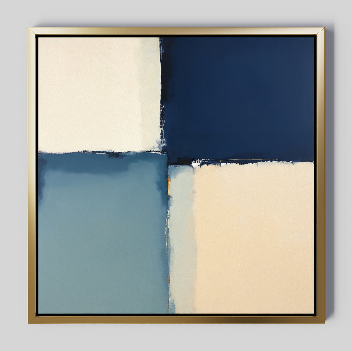 Blue Quarters Canvas Art - Square: A framed abstract print with four softly blended rectangles in blue, navy, beige, and off-white. The gold frame gives it a modern touch, perfect for contemporary living rooms.
