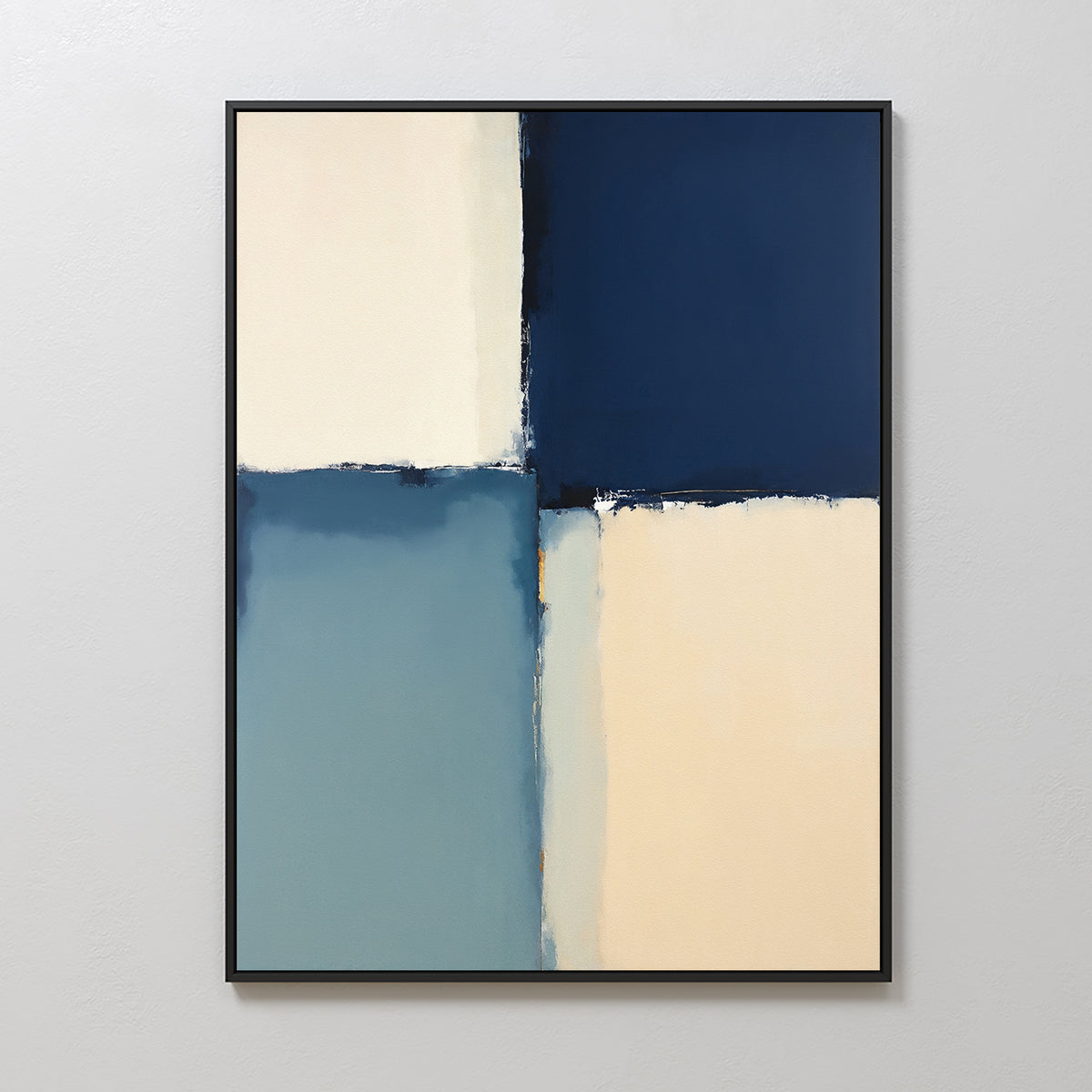 Blue Quarters Canvas Art - Vertical features four uneven rectangles in navy blue, off-white, and muted blue-gray with soft edges, set within a thin black frame. A refined abstract piece ideal for enhancing modern living rooms.