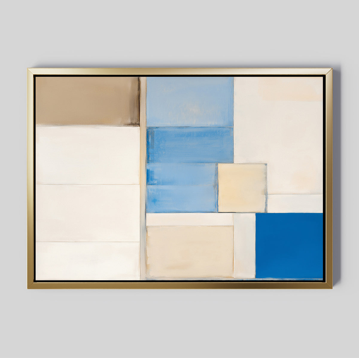 Blue Tiles Composition Canvas Art - Horizontal features abstract rectangles in beige, tan, white, and blue with a gold frame—ideal for modern living room decor against a light gray background.
