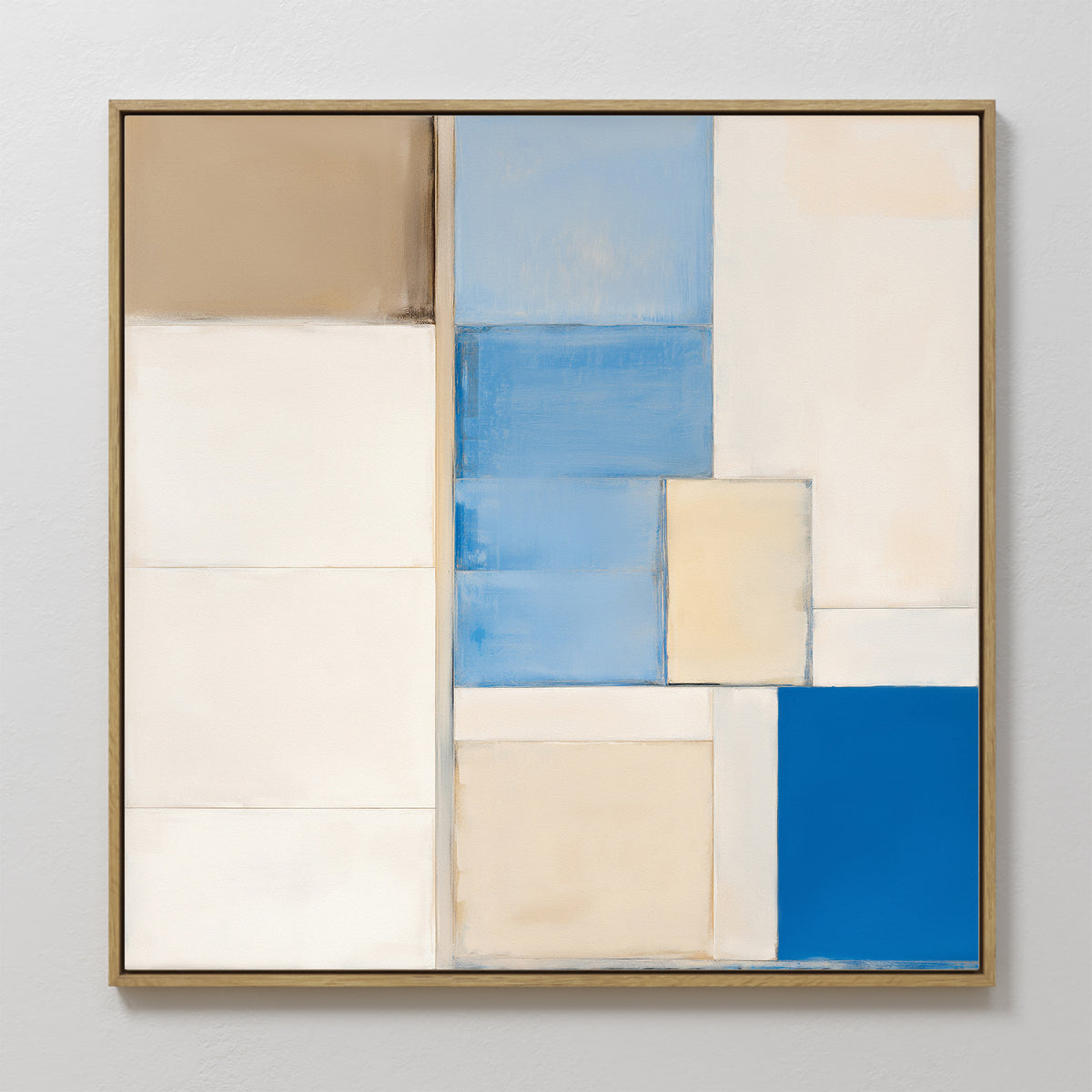 Blue Tiles Composition Canvas Art - Square features abstract geometric designs in beige, white, cream, and blue tiles in a grid. Framed in thin gold and displayed on a white wall—ideal for modern living room decor.