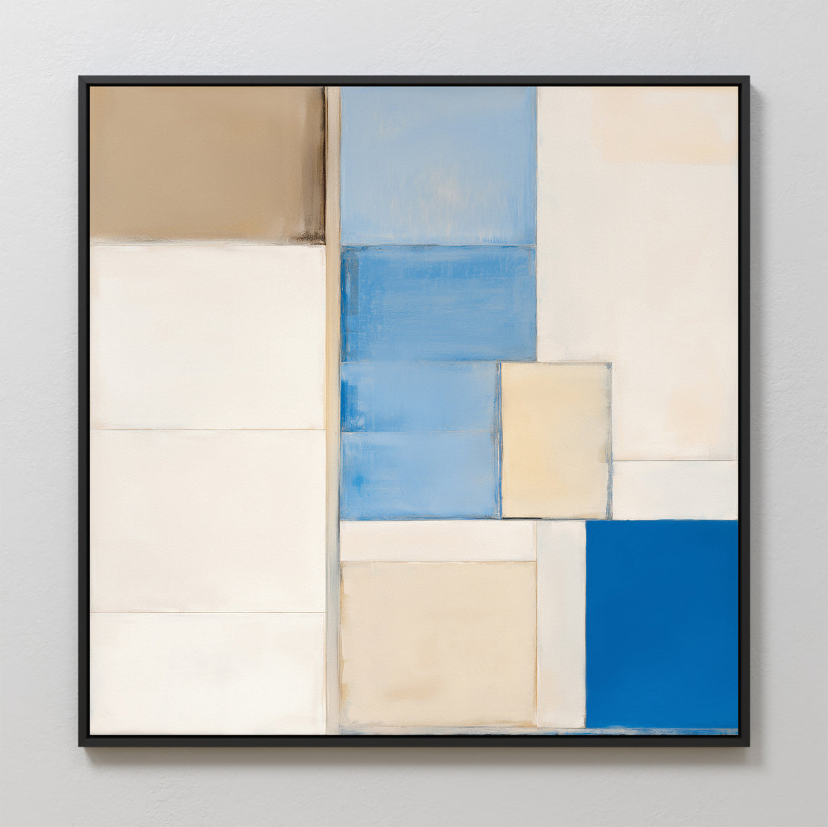 The Blue Tiles Composition Canvas Art - Square showcases abstract geometric blocks in white, beige, light blue, and deep blue, arranged in a grid—an ideal piece for modern living room decor.