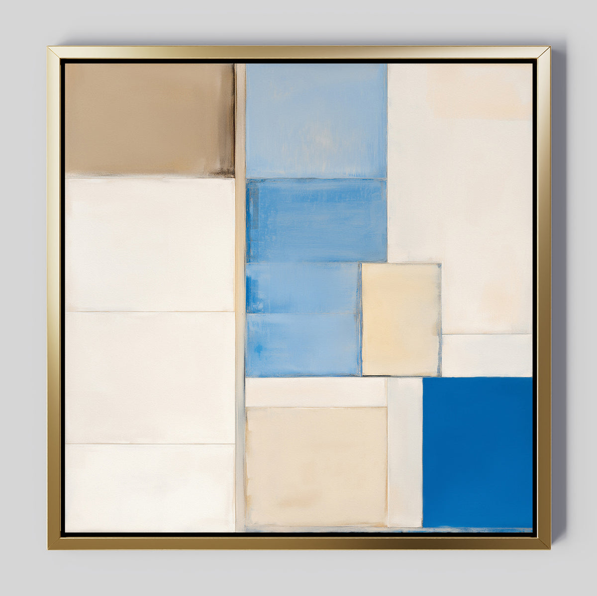 Blue Tiles Composition Canvas Art - Square features geometric shapes in beige, white, light blue, and cobalt blue with a gold frame. This striking piece adds modern geometric style to any living room decor.