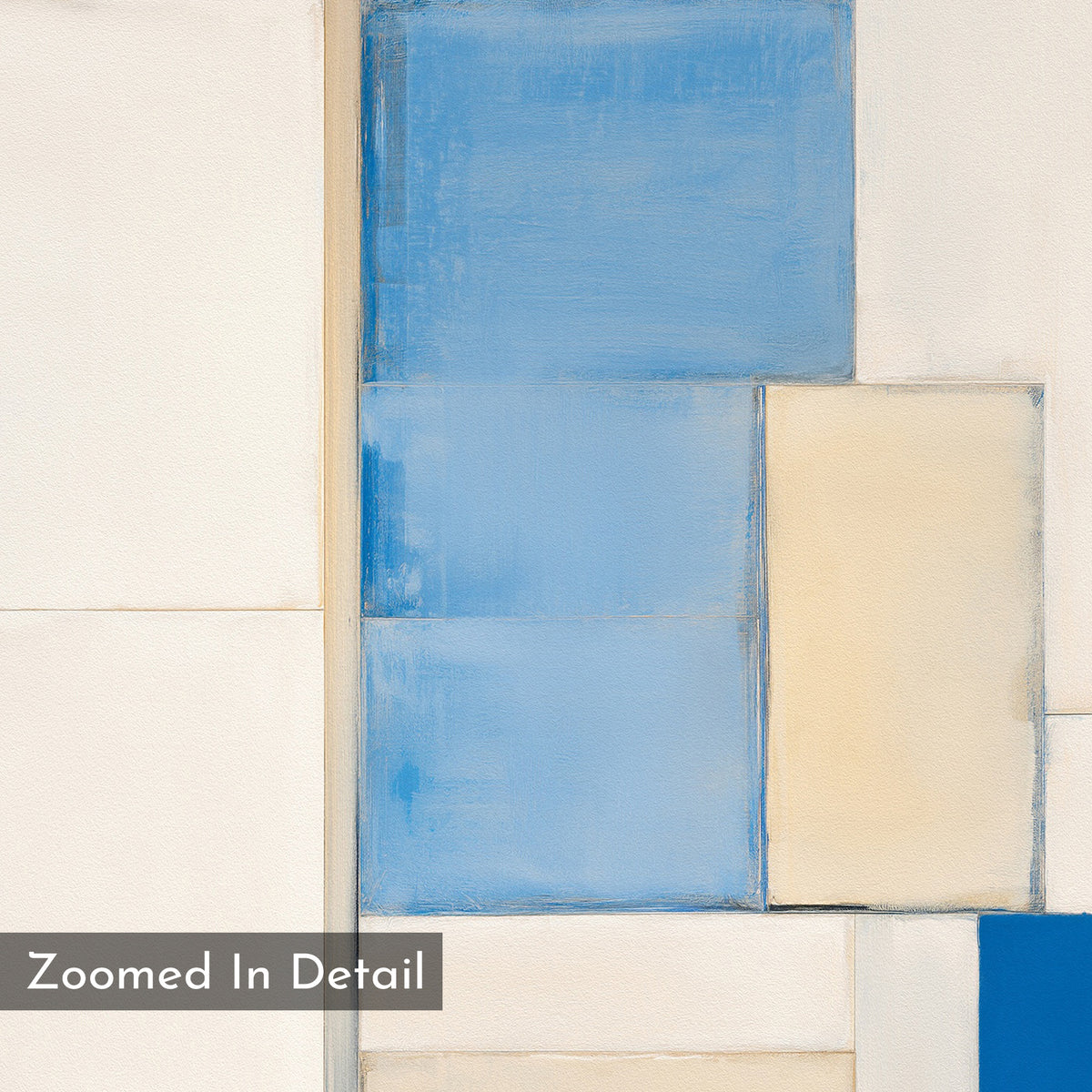 A close-up of Blue Tiles Composition Canvas Art - Vertical, showing textured brushstrokes and overlapping blue, cream, and off-white rectangles. The modern geometric design features "Zoomed In Detail" text in the bottom left.