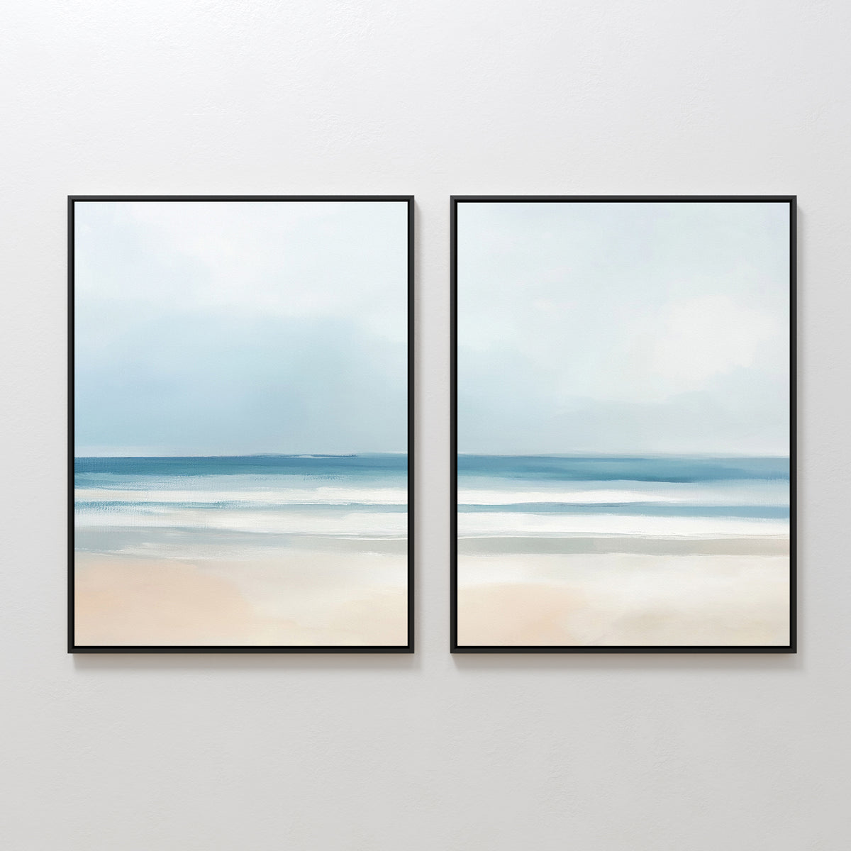 The Blurred Beach Scene - Set Of 2 features framed prints of a tranquil beach with soft blue water and sandy shores under a light, cloudy sky, perfect for adding serene coastal wall art to your space.