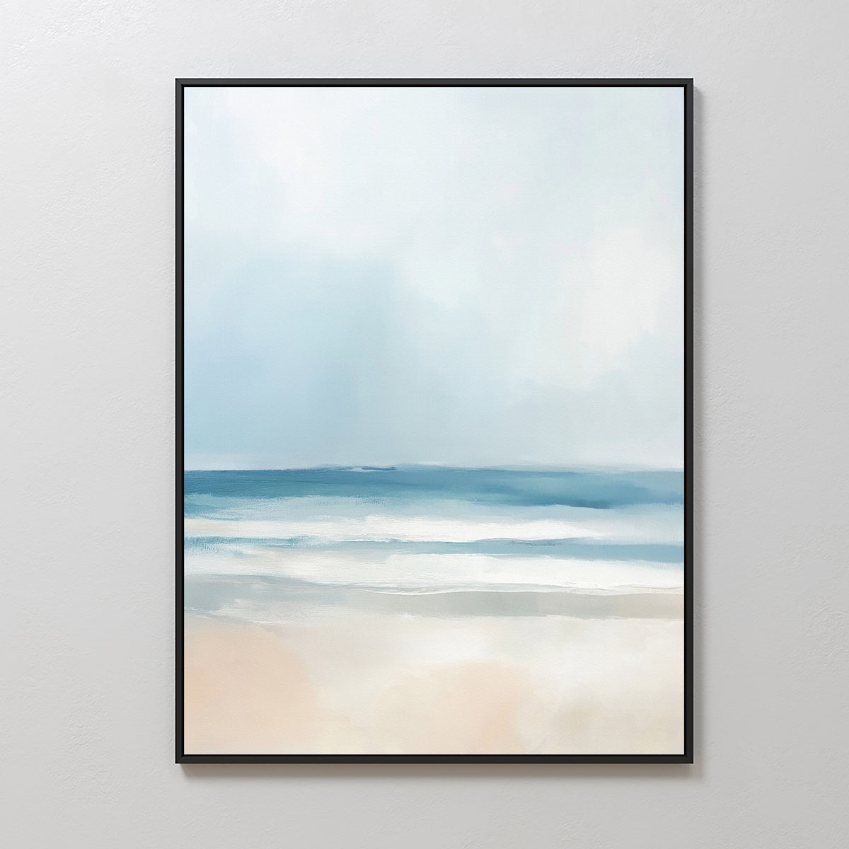 The Blurred Beach Scene Canvas Art - Vertical features a minimal, abstract coastal print with soft pastels of sand, waves, and calm sky—perfect for bringing peaceful beach decor to any space.