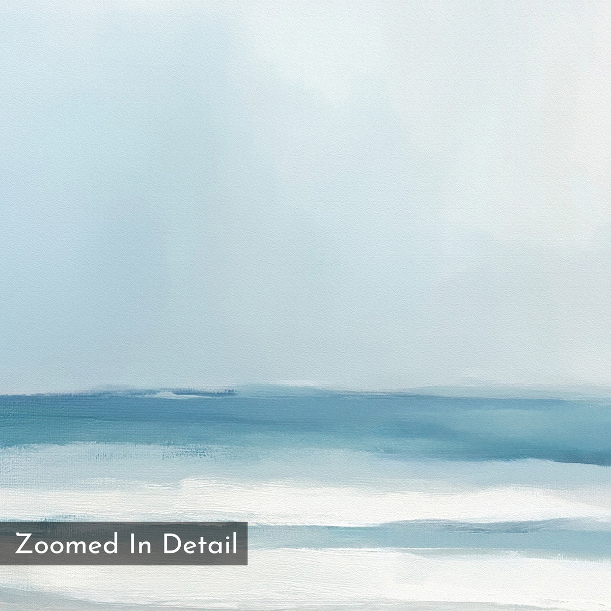 Blurred Beach Scene Canvas Art - Vertical features soft blue, white, and gray tones with smooth brushstrokes evoking gentle waves. Ideal as serene beach decor or coastal wall art. “Zoomed In Detail” text appears in the corner.